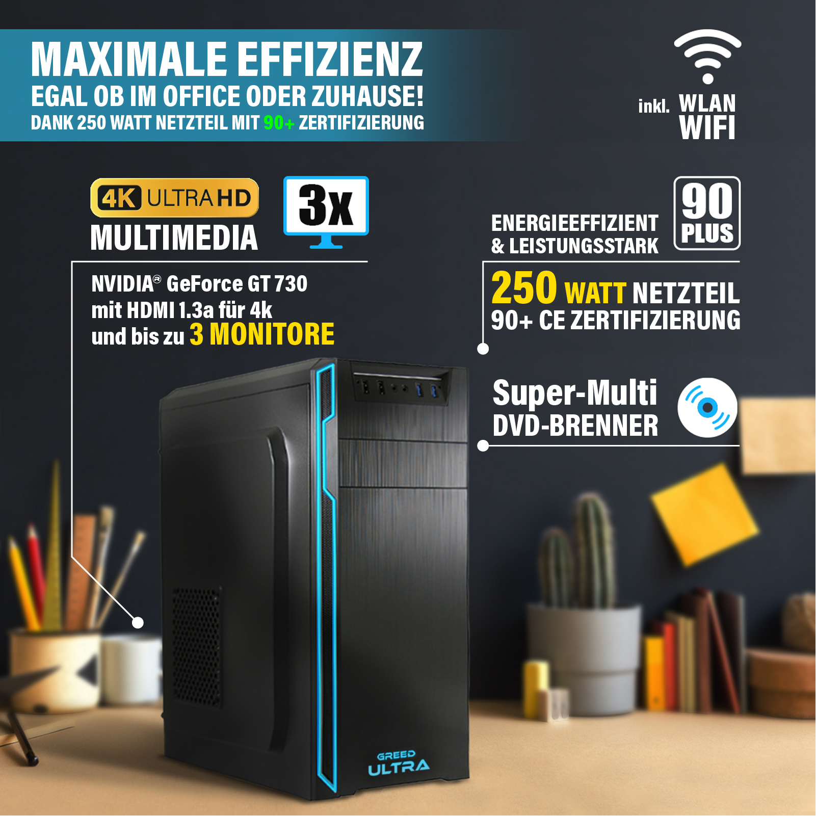 PC de sobremesa negro con detalles azules, 4K Ultra HD, fuente de 250W, con WLAN.