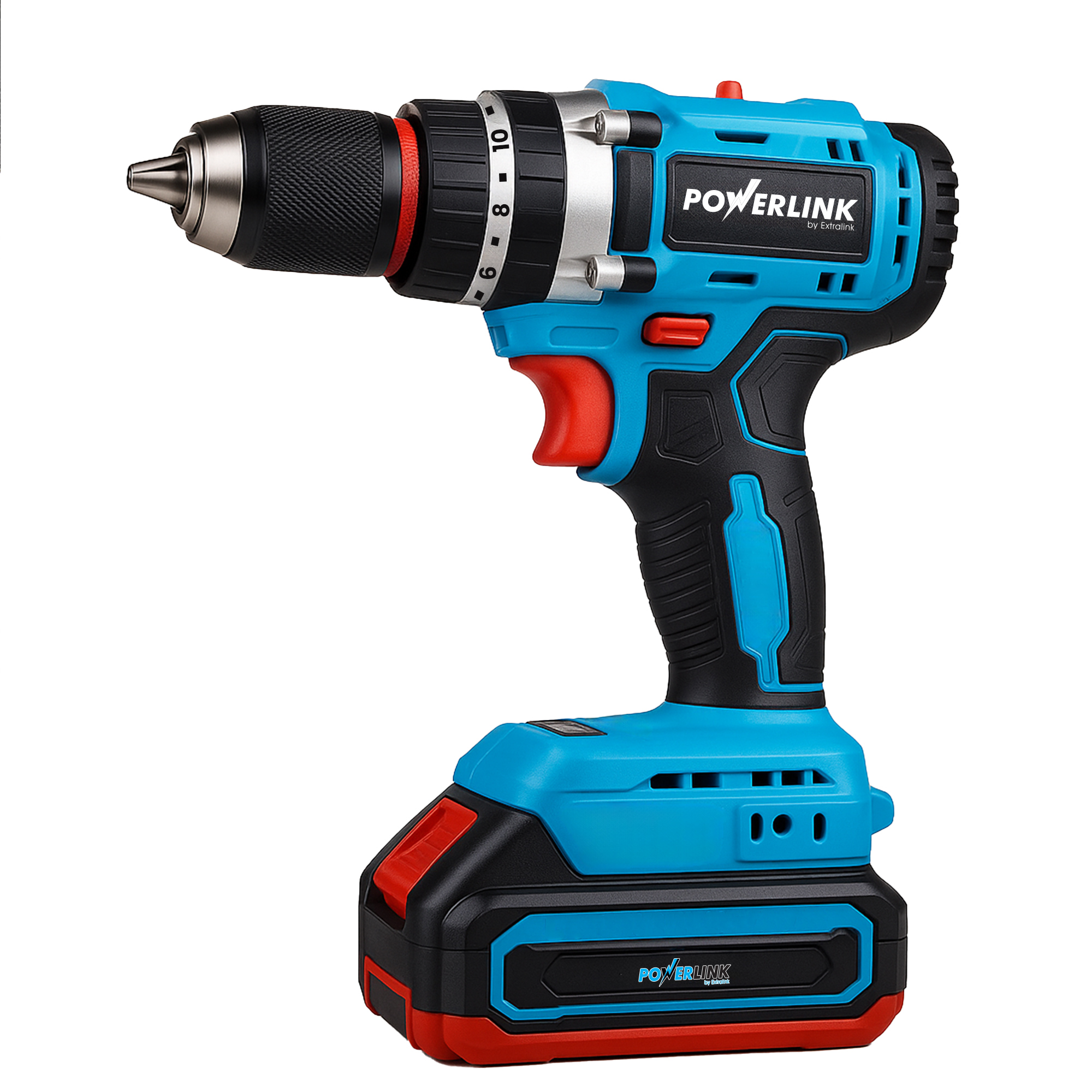 Un trapano a batteria blu e nero con accenti rossi e segni.