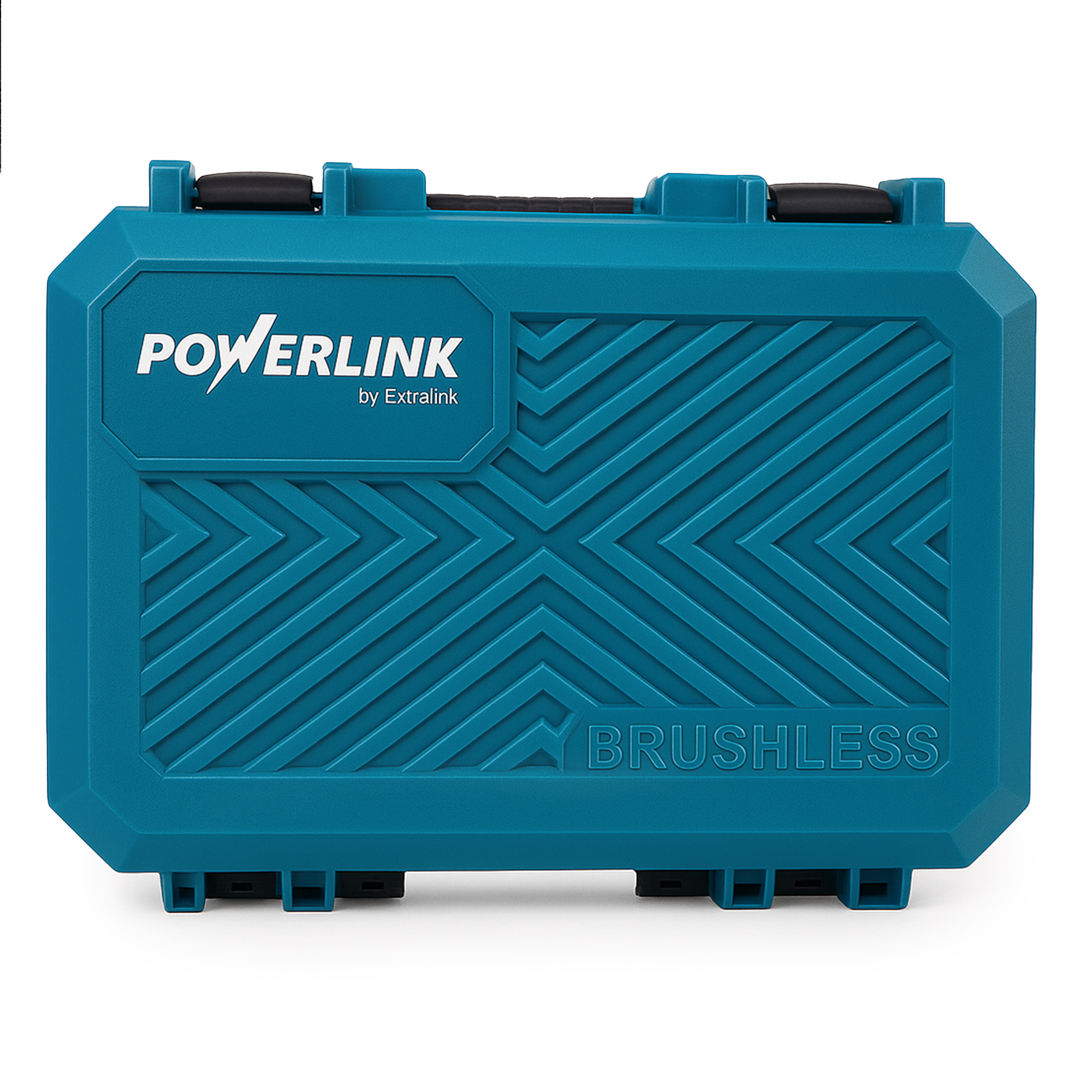 Una cassetta degli attrezzi color verde acqua con marchio POWERLINK e BRUSHLESS.