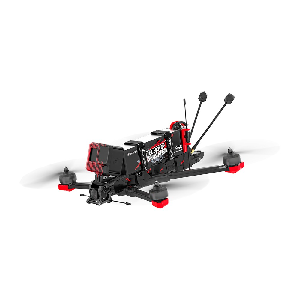 Czarny i czerwony dron wyścigowy quadcopter z białymi akcentami i antenami.