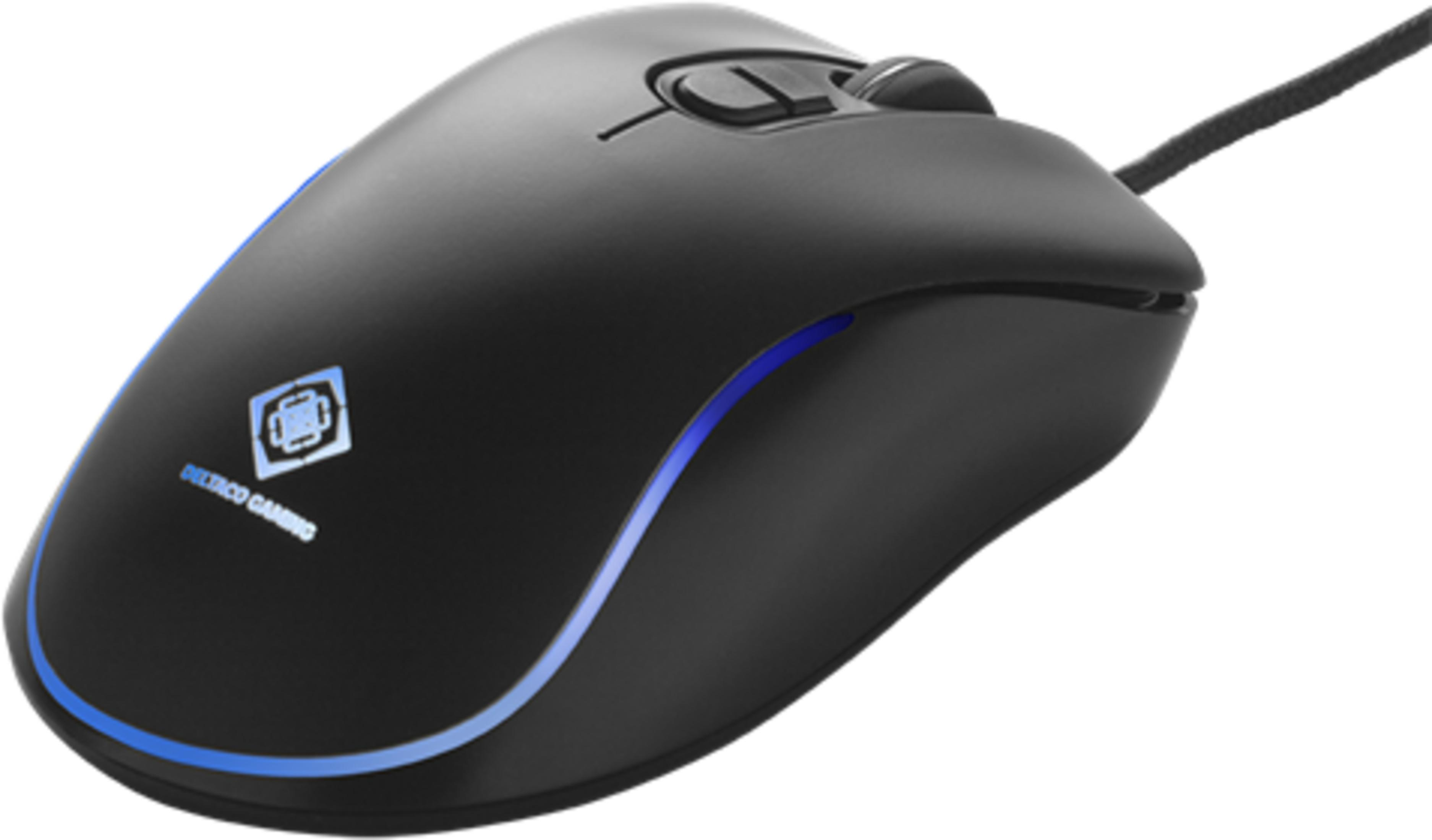 Mouse da gaming nero con accenti blu e un logo.