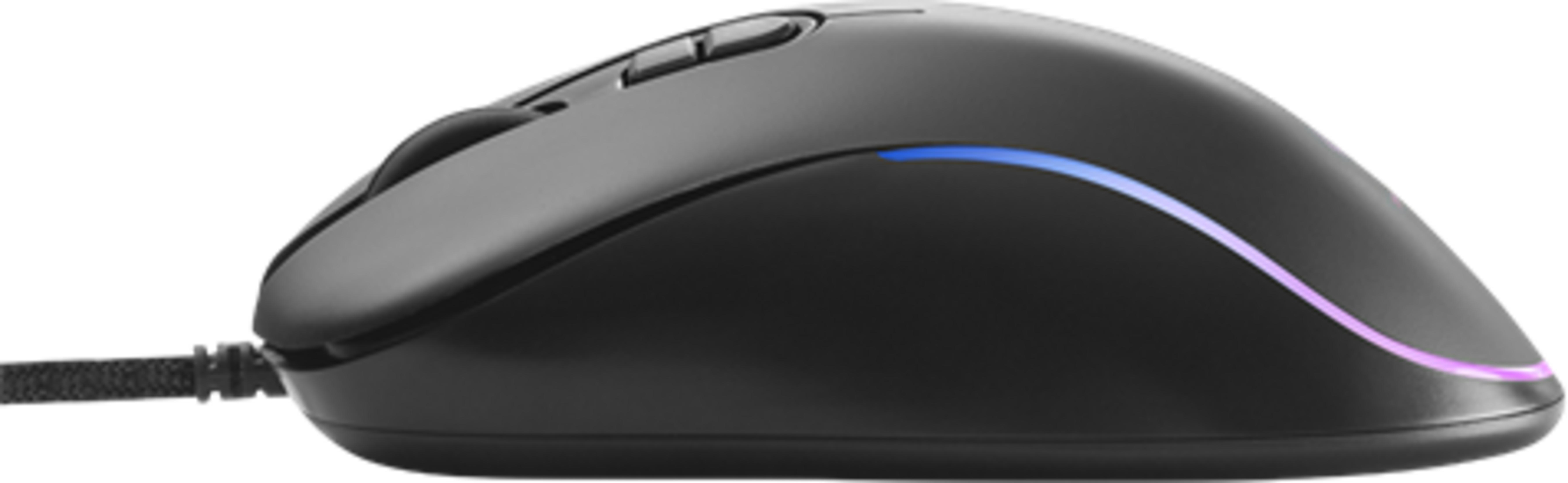 Mouse per computer nero con striscia illuminata, sfondo bianco.
