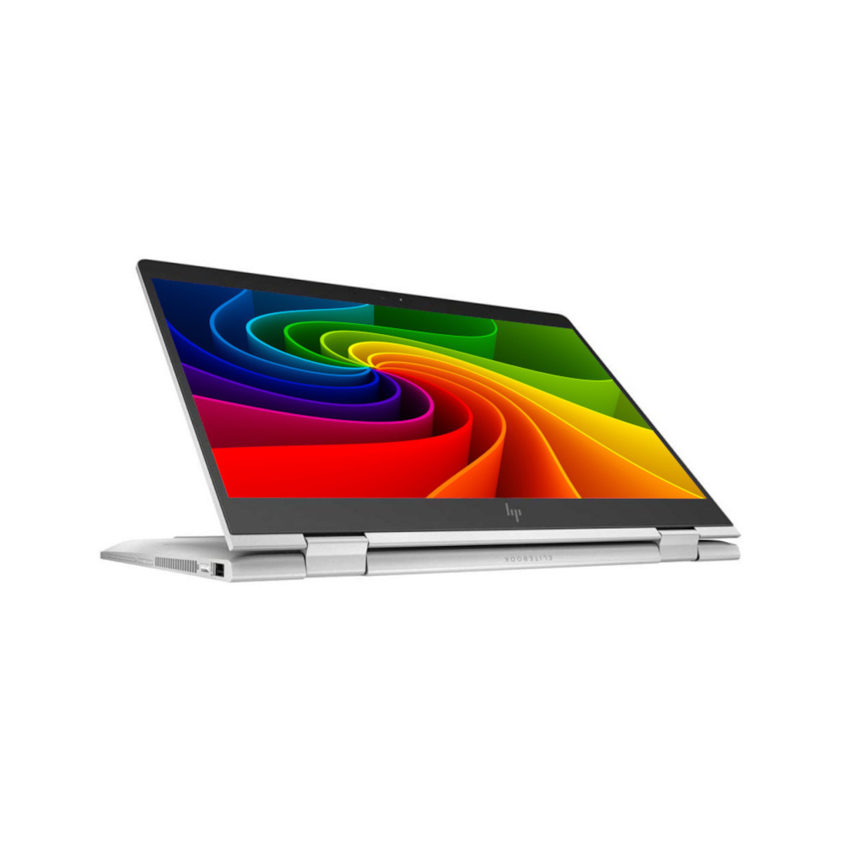 Ein offener silberner HP Elitebook Laptop mit einem bunten Hintergrundbild.