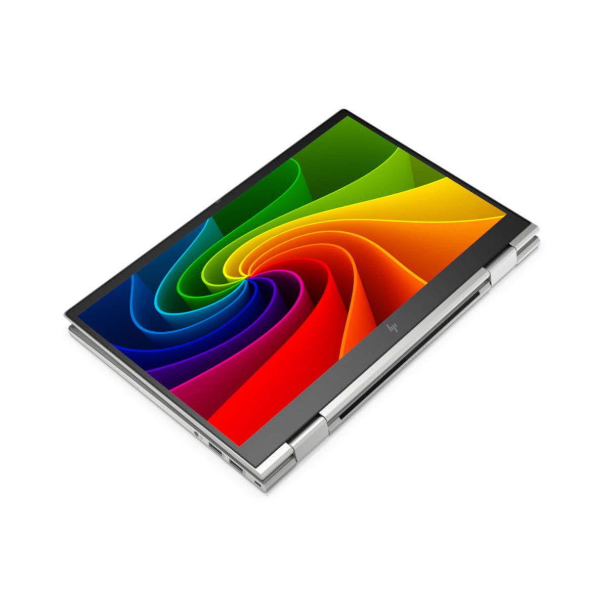 Silbernes Convertible-Laptop mit Regenbogenwirbel auf dem Bildschirm, isoliert auf Weiß.