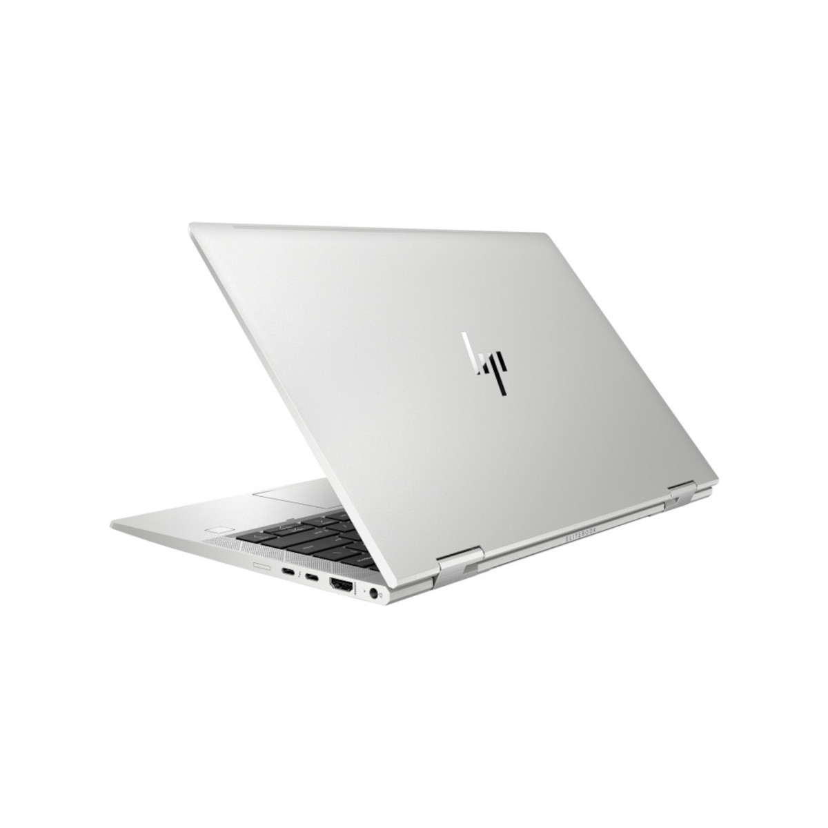 Silberner HP Laptop mit aufgeklapptem Bildschirm, Tastenfeld und Anschlüssen.