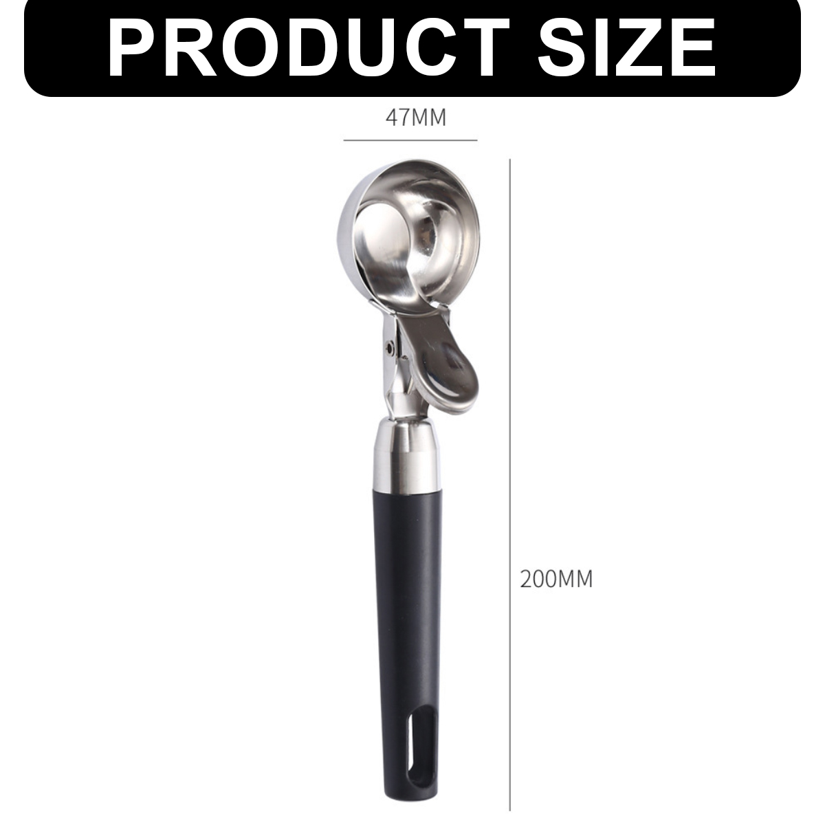 Ein Metall-Eisportionierer mit schwarzem Griff, 47mm breit, 200mm lang.