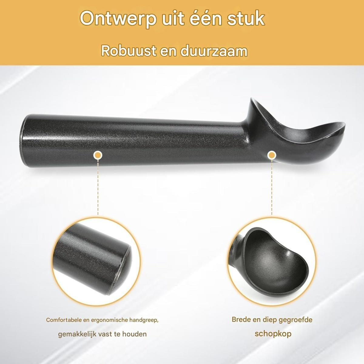 Dunkle, metallische Eisportionierer mit ergonomischem Griff und tiefer Schaufel.
