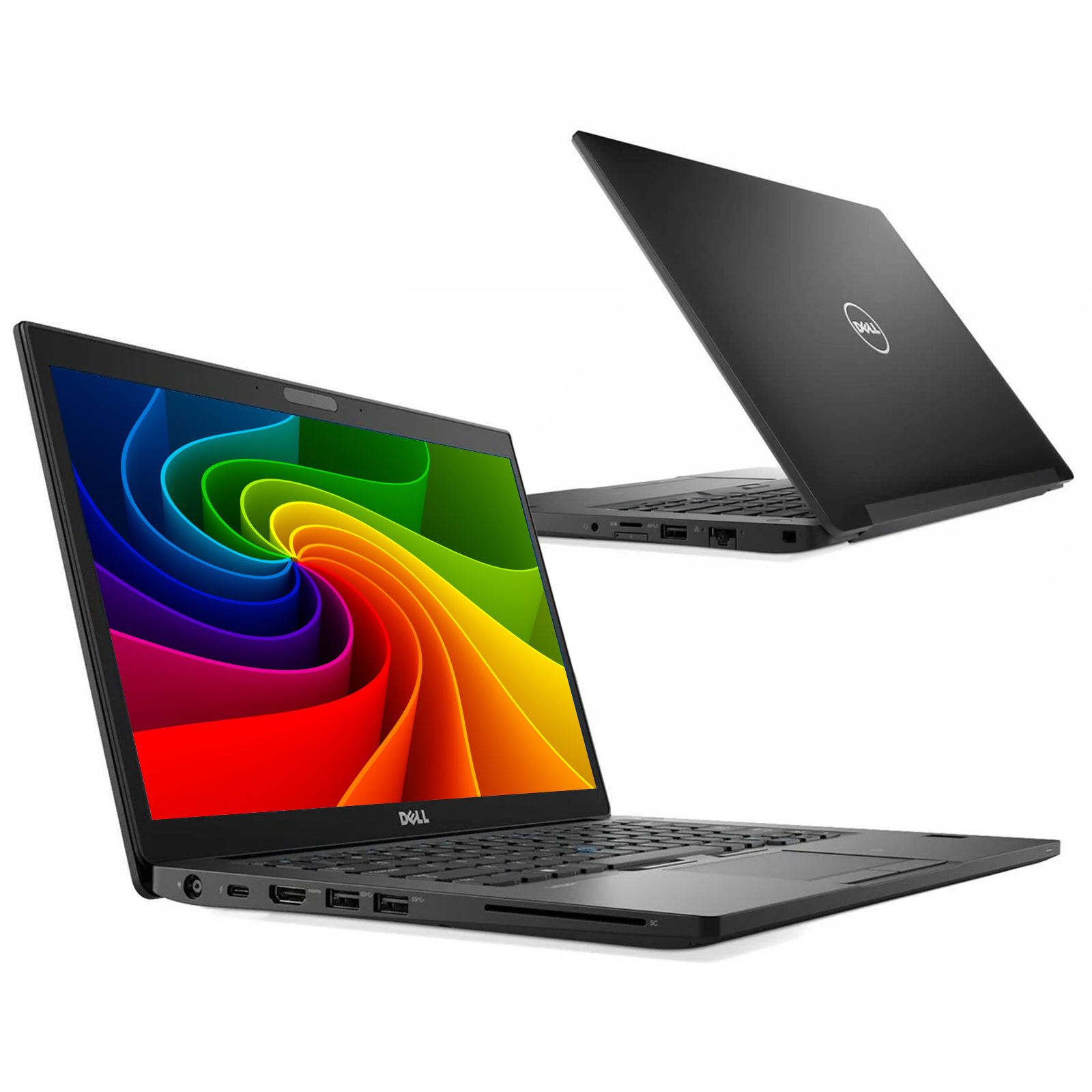 Schwarzer Dell Laptop mit buntem Hintergrund und einem weiteren Laptop im Hintergrund.
