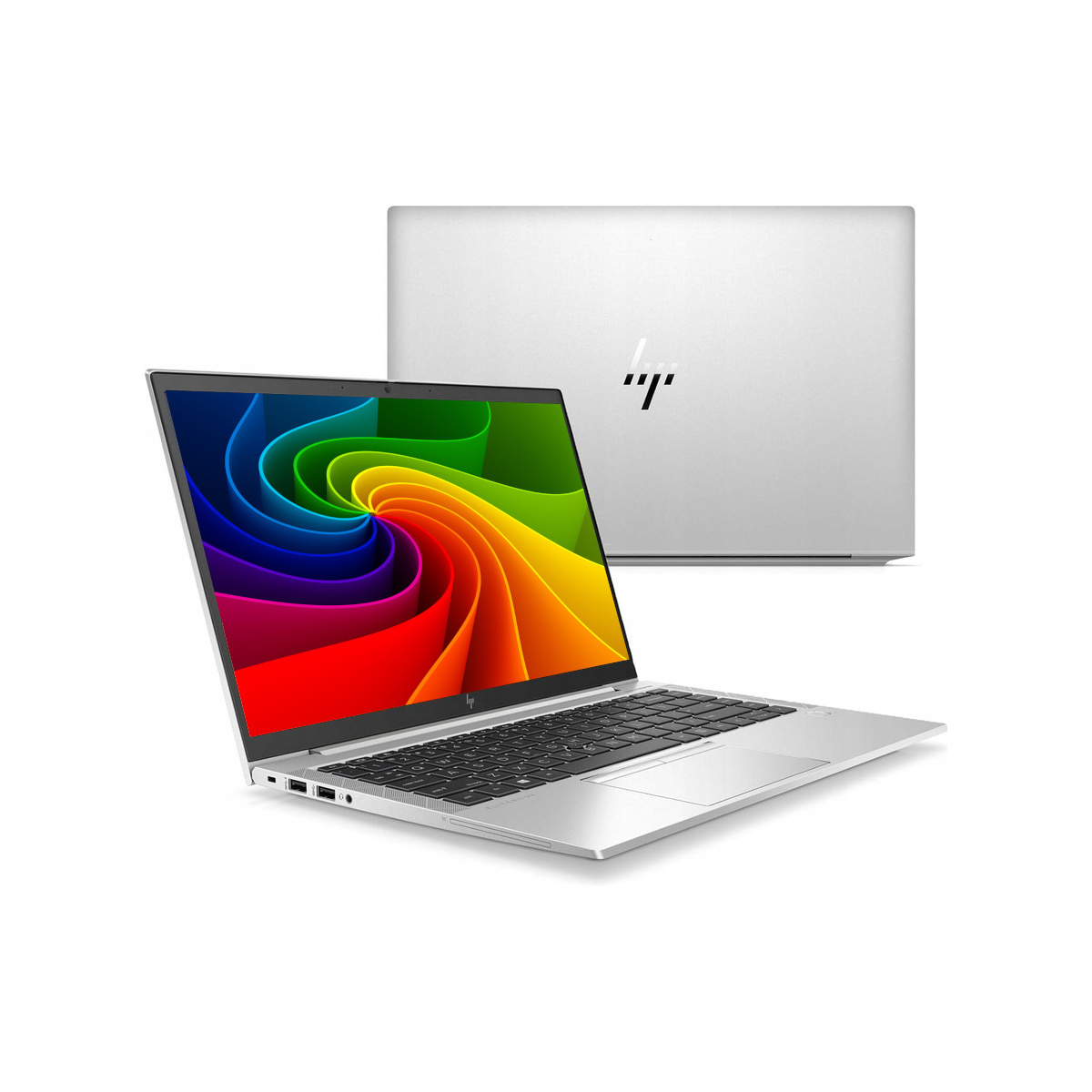 Ein silberner Laptop mit einem farbenfrohen Wirbelbildschirm und dem HP-Logo.