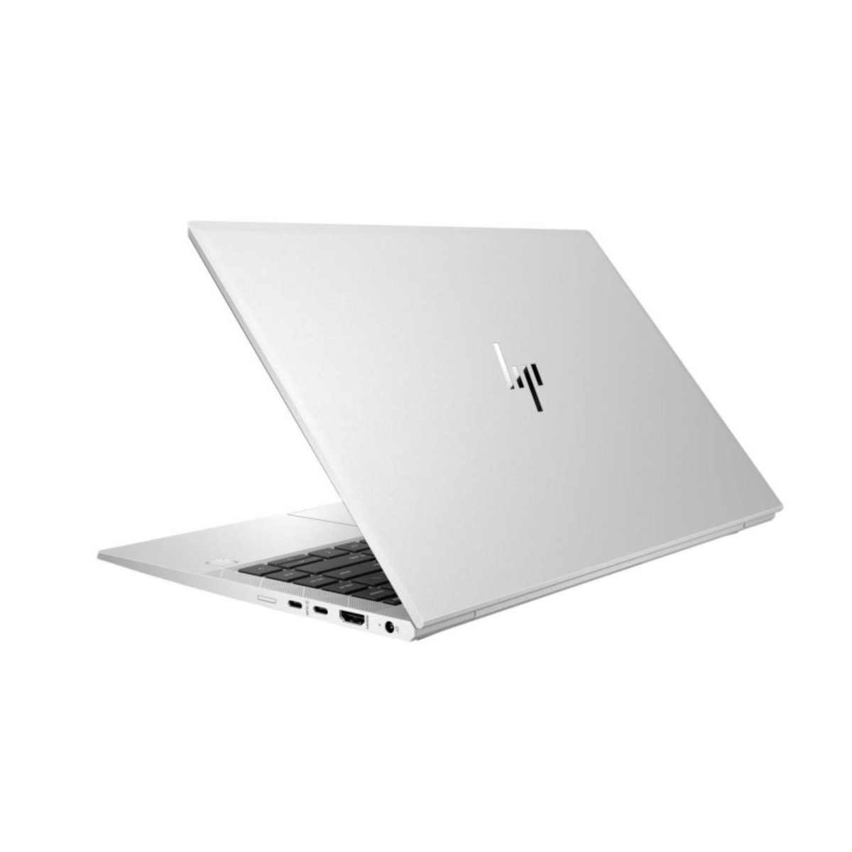 Ein silberner HP Laptop mit geöffnetem Deckel und Tastatur.