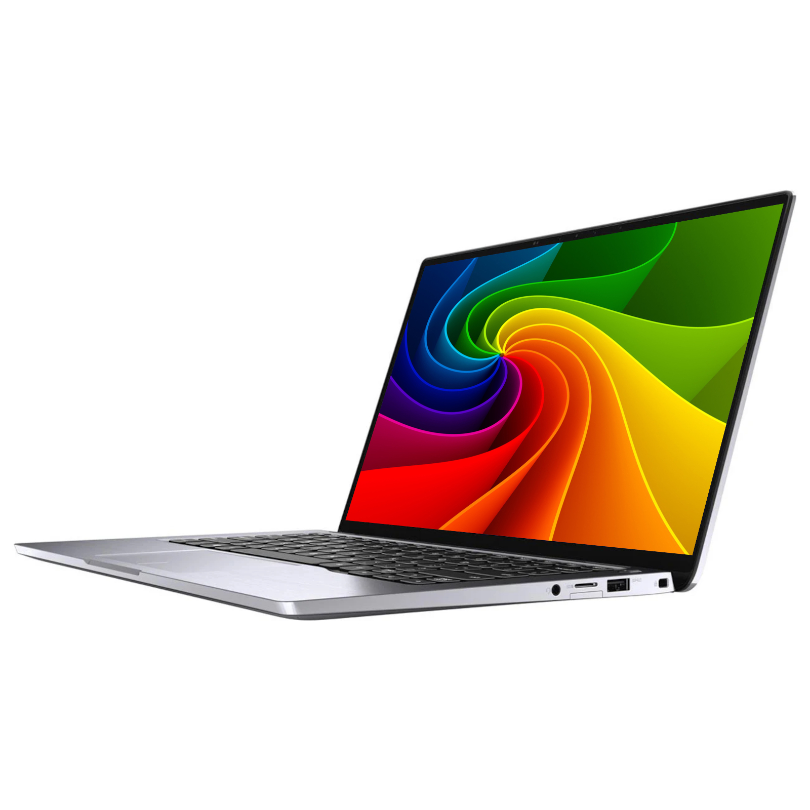 Ein silberner Laptop mit einem bunten, wirbelnden Hintergrund auf dem Bildschirm.