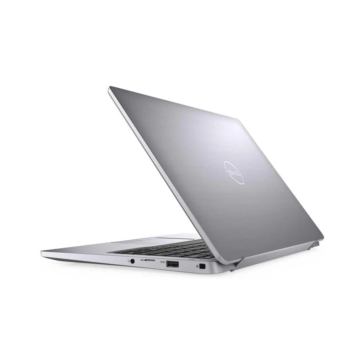Ein silberner Dell Laptop mit geöffnetem Deckel auf weißem Hintergrund.