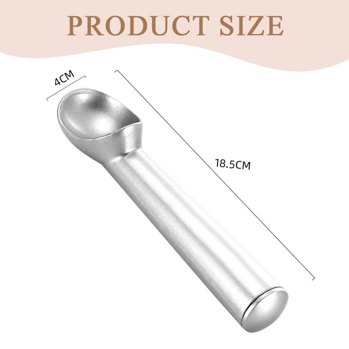 Silberner Eisportionierer, 18,5 cm lang, 4 cm breit. Produktgröße angezeigt.
