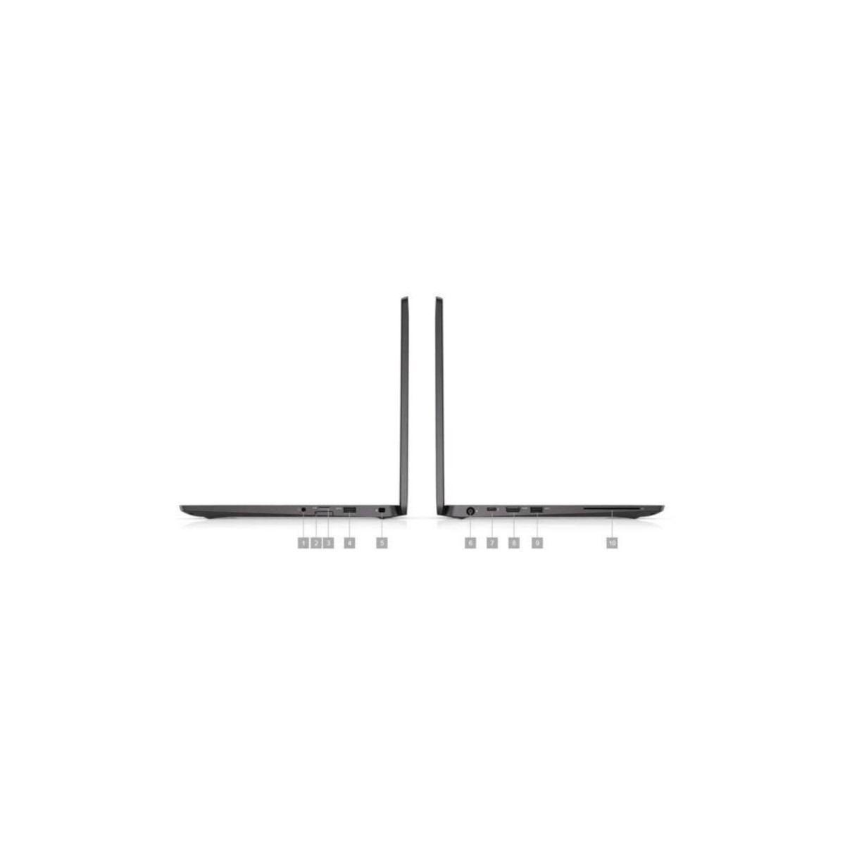 Zwei Laptops im Profil, Seitenansicht, mit beschrifteten Anschlüssen.