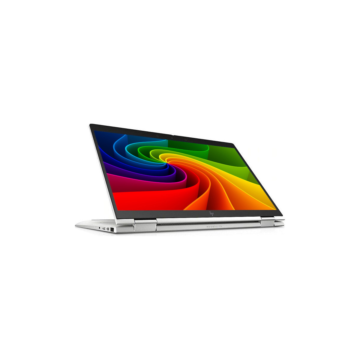Ein offener Laptop mit einem bunten Wirbelmuster auf dem Bildschirm.