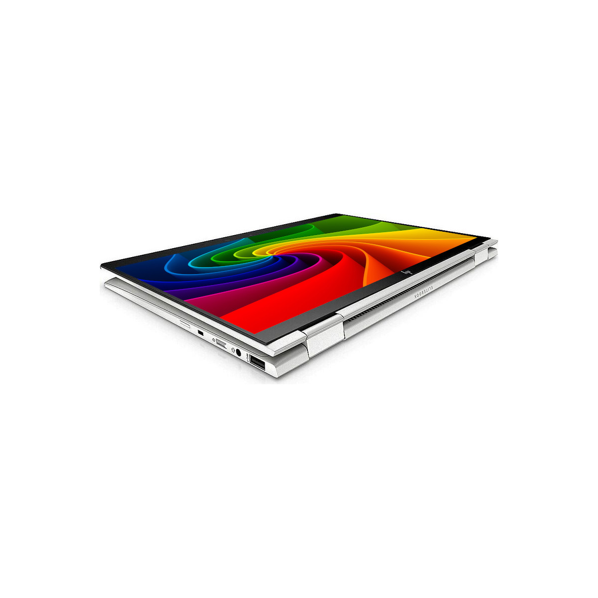 Ein silberner Laptop mit einem Regenbogenmuster auf dem Bildschirm.