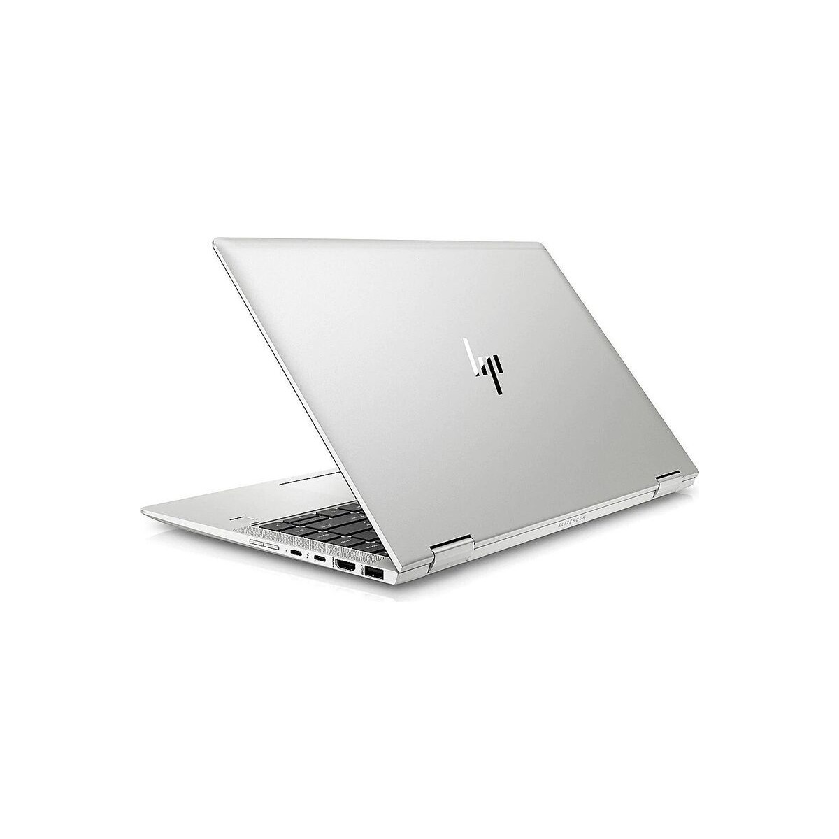 Ein silberner HP EliteBook Laptop ist geöffnet und steht auf einer weißen Fläche.
