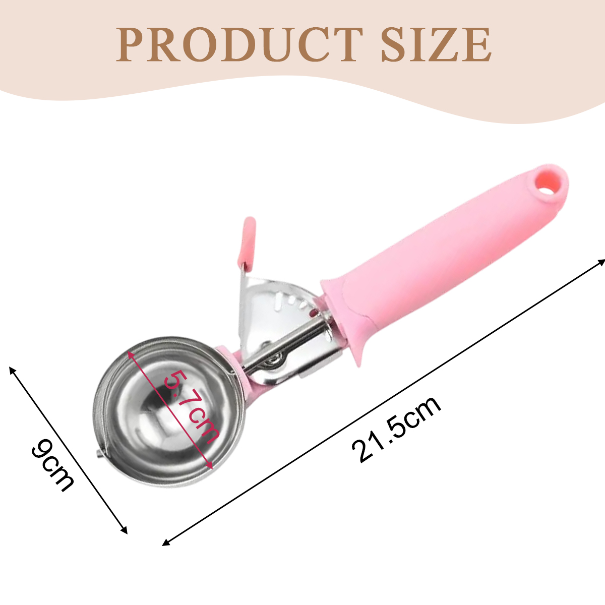 Ein rosa Eisportionierer mit Metallschale, 21,5 cm lang, 9 cm breit.