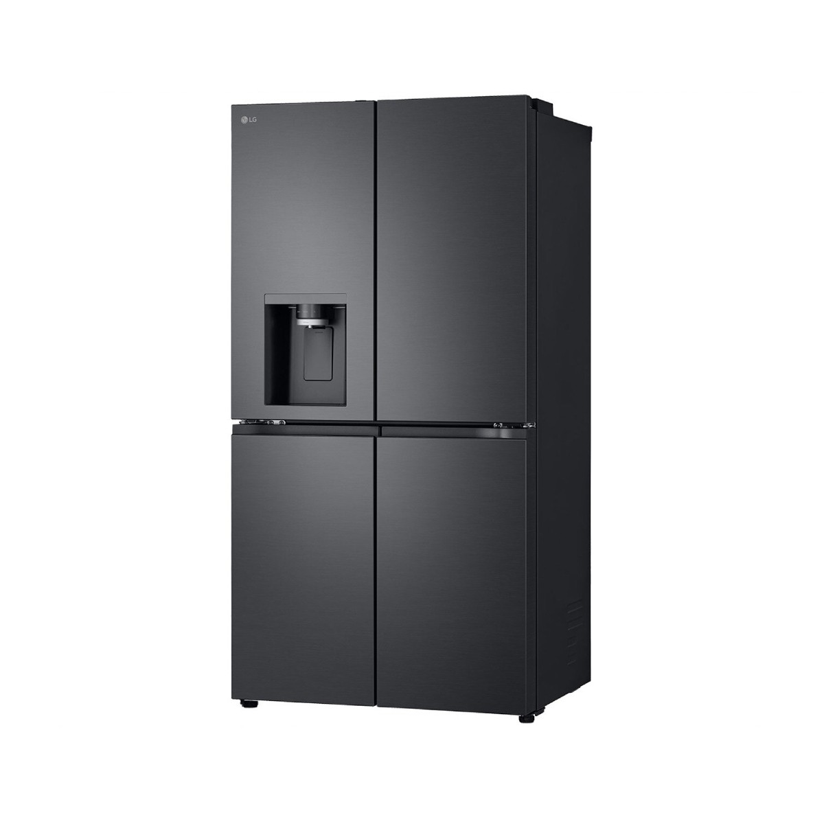 Un frigorifero nero LG a quattro porte con dispenser d'acqua.