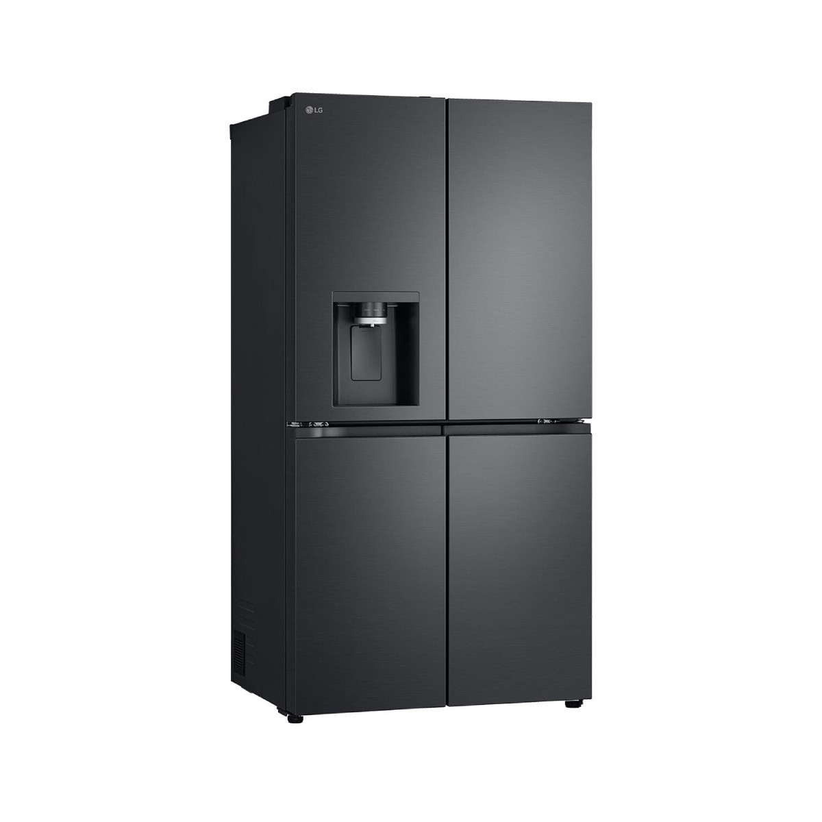 Un frigorifero nero LG a quattro porte con dispenser d'acqua.