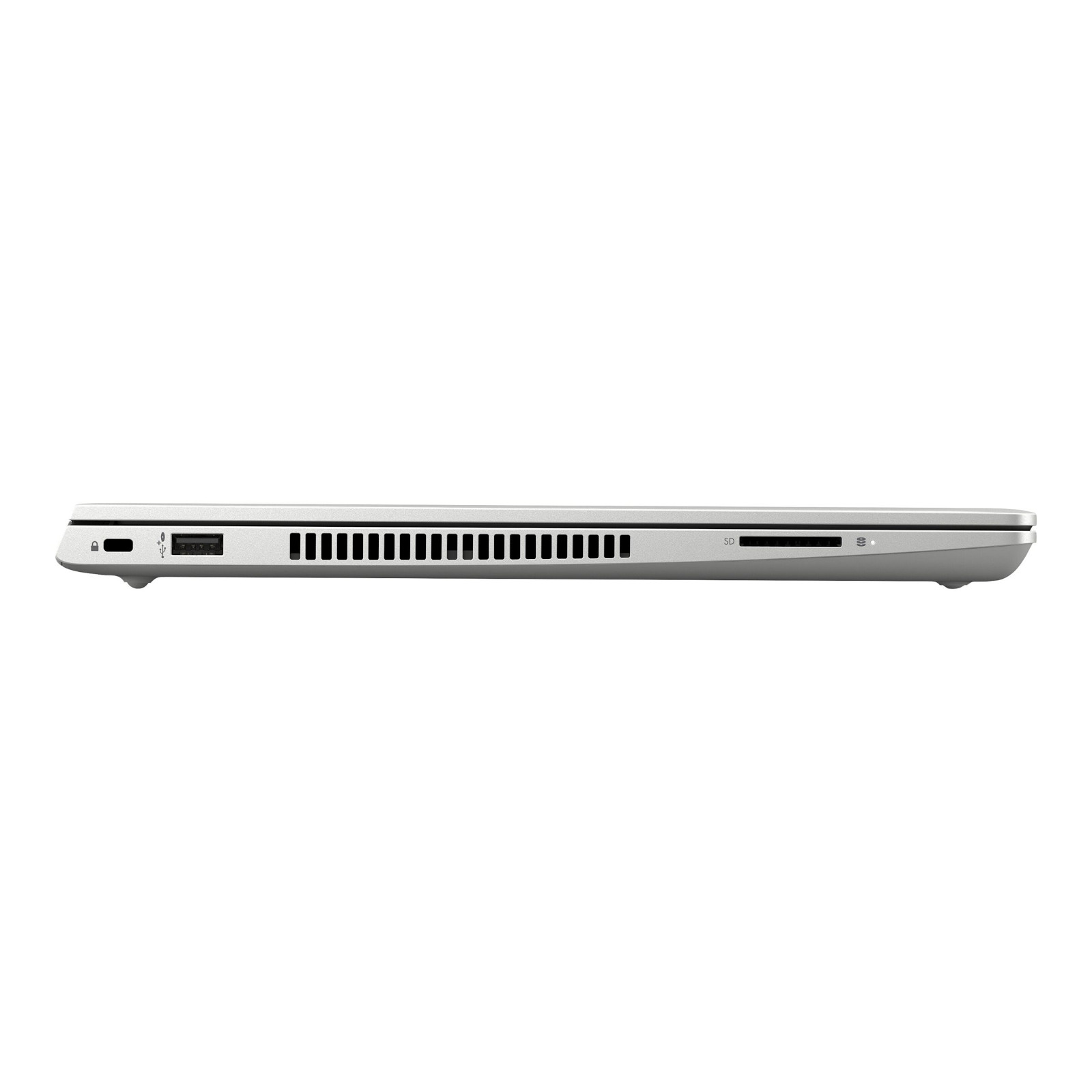 Silbernes Laptop mit USB-C, USB-A, Lüftungsschlitzen und SD-Kartenleser.