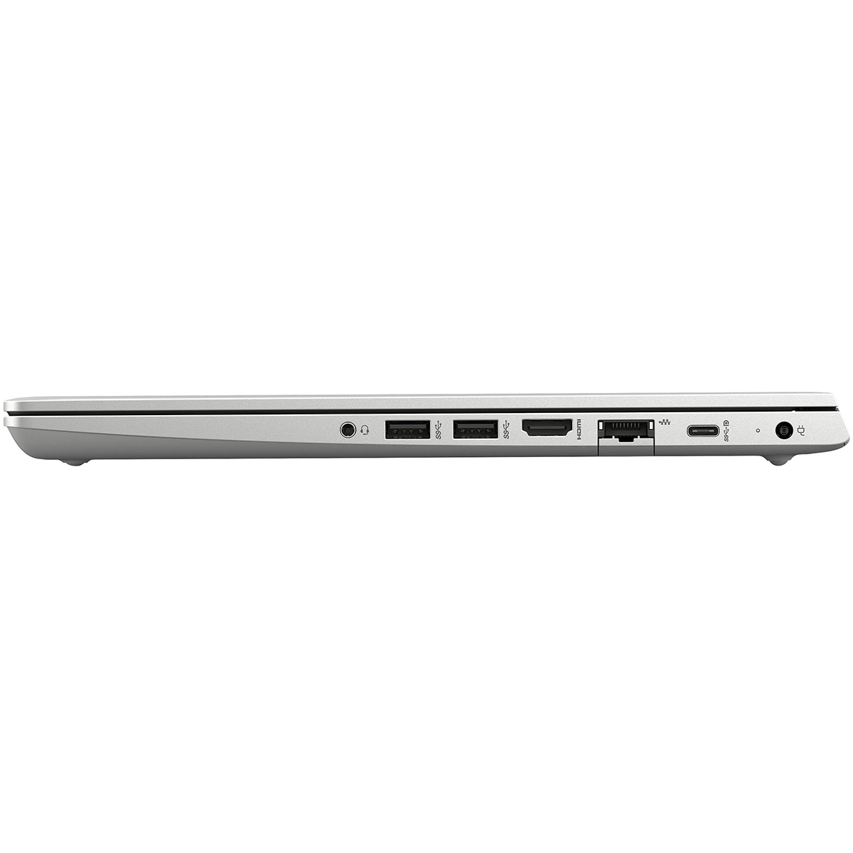 Silbernes Laptop mit Anschlussen: Kopfhörer, 2x USB, HDMI, Ethernet, USB-C.