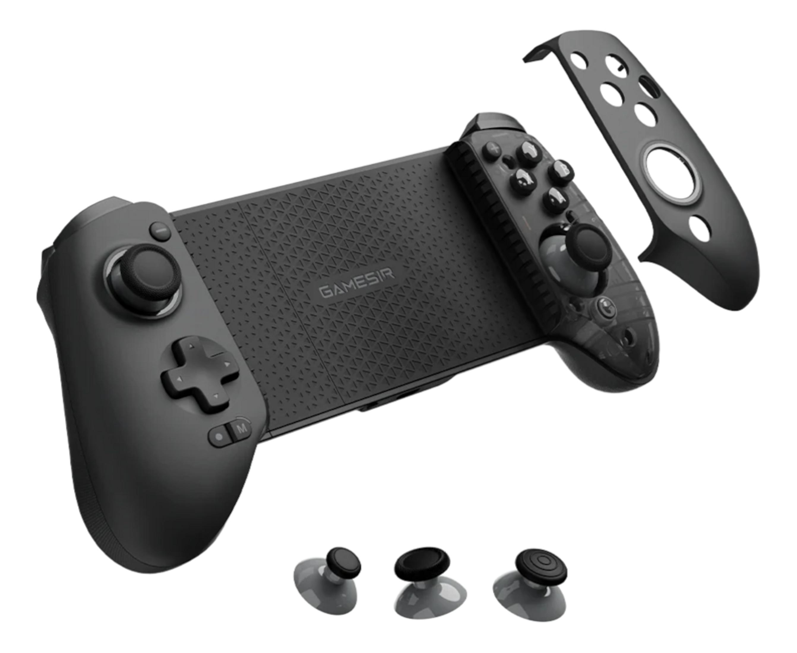 Czarny kontroler do gier z odpinaną częścią i dwoma joystickami.