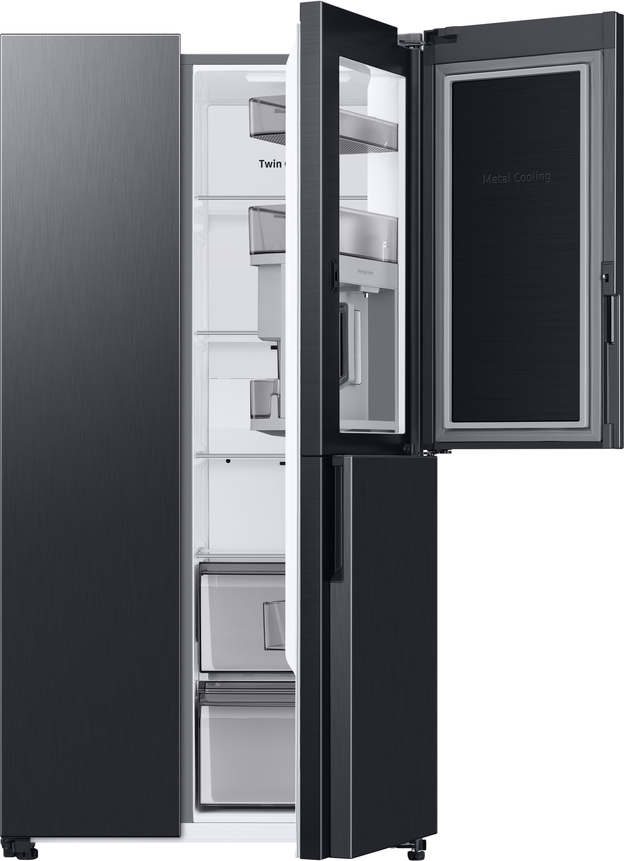 Ein dunkler Kühlschrank mit geöffneten Türen zeigt weiße Innenfächer und Schubladen.