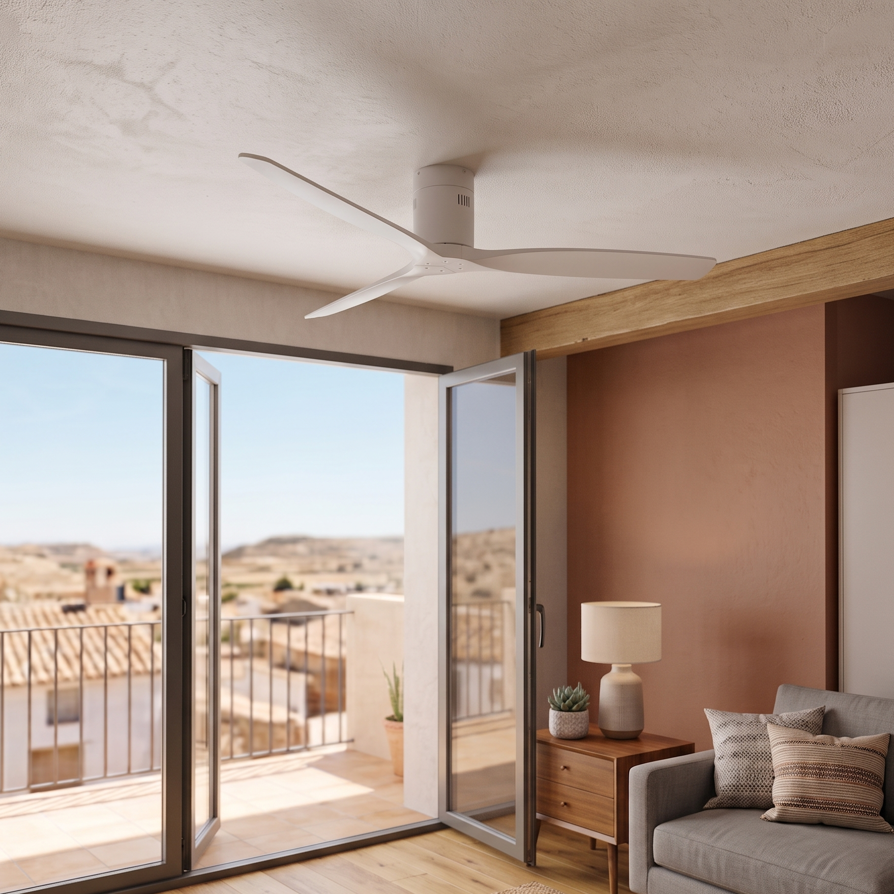 Un ventilador de techo moderno sobre un sofá con vistas a un balcón.