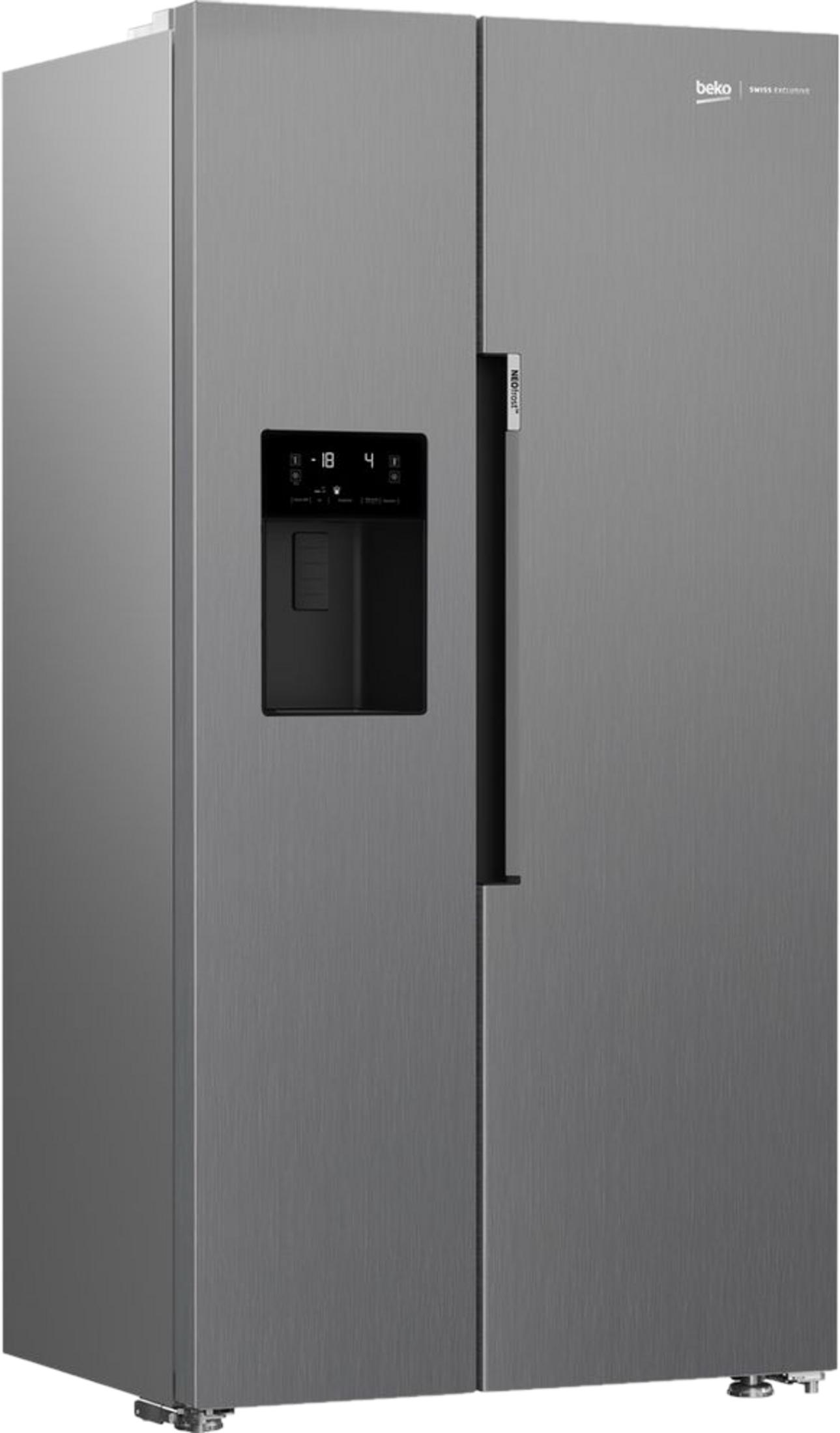 Un frigorifero grigio side-by-side con dispenser d'acqua sulla porta sinistra.