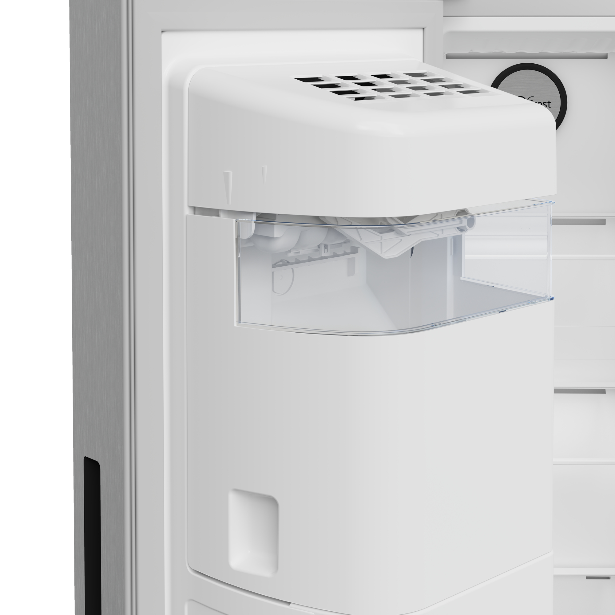 Frigorifero bianco con ice maker e scomparto trasparente.