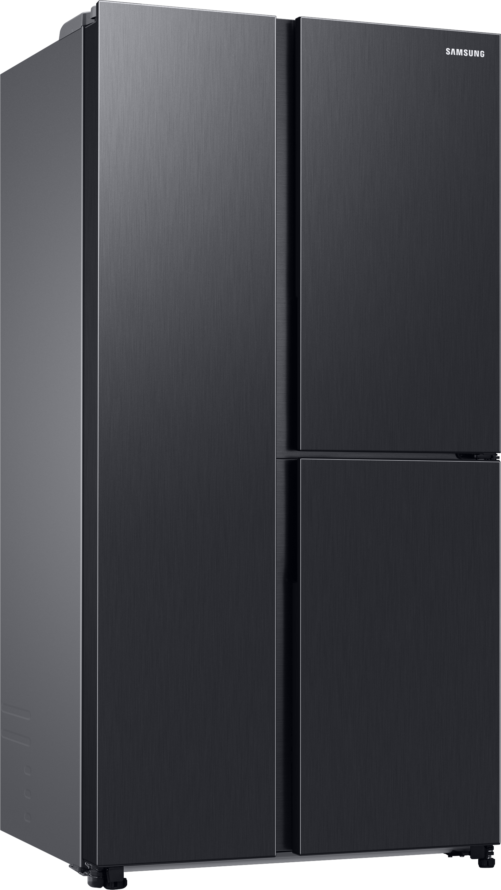 Ein dunkler Kühlschrank mit vier Türen und gebürsteter Metalloberfläche.