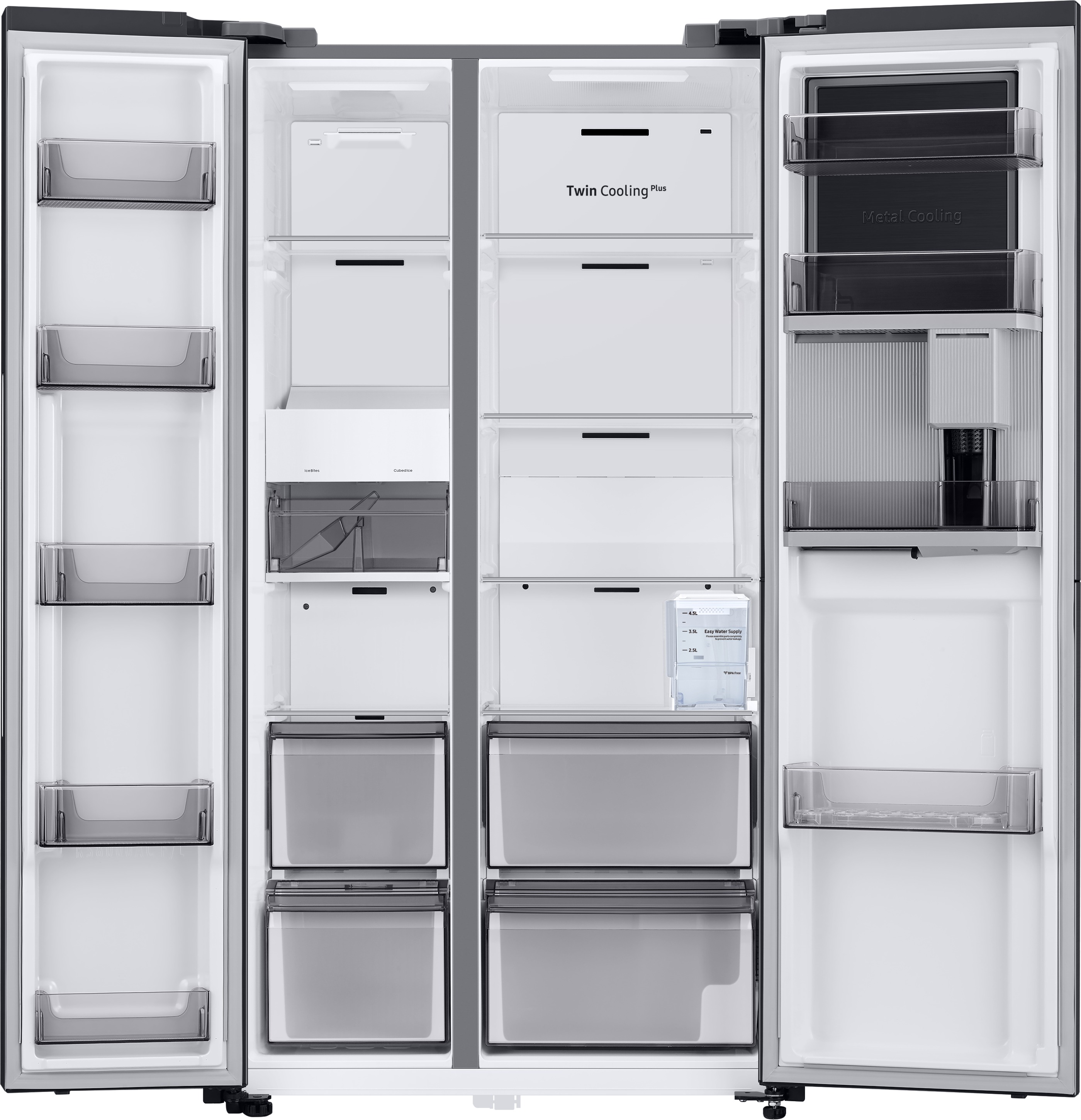 Ein offener Kühlschrank mit mehreren Fächern, Schubladen und einem Wasserspender.