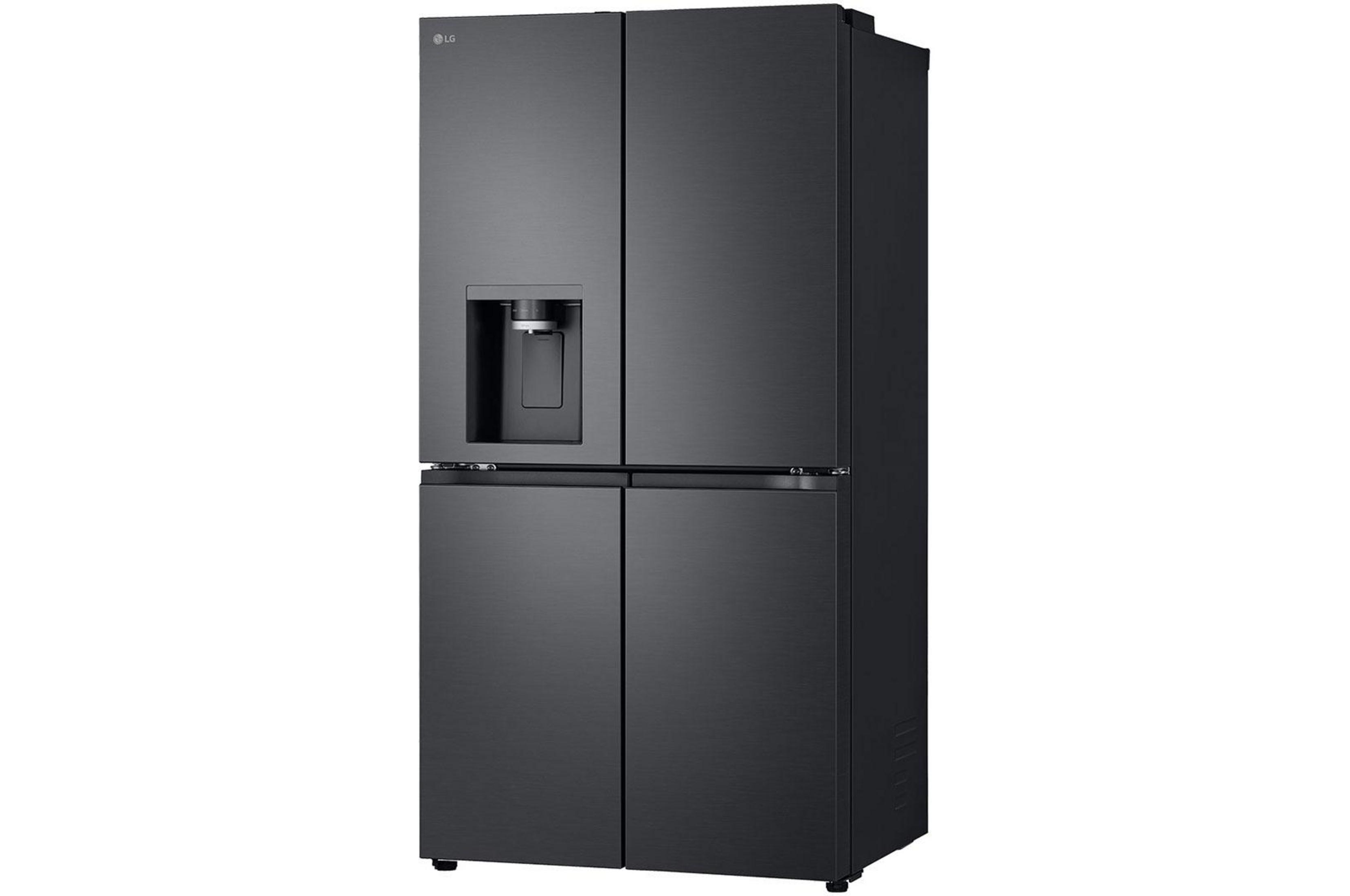Frigorifero nero LG a quattro porte con dispenser d'acqua.