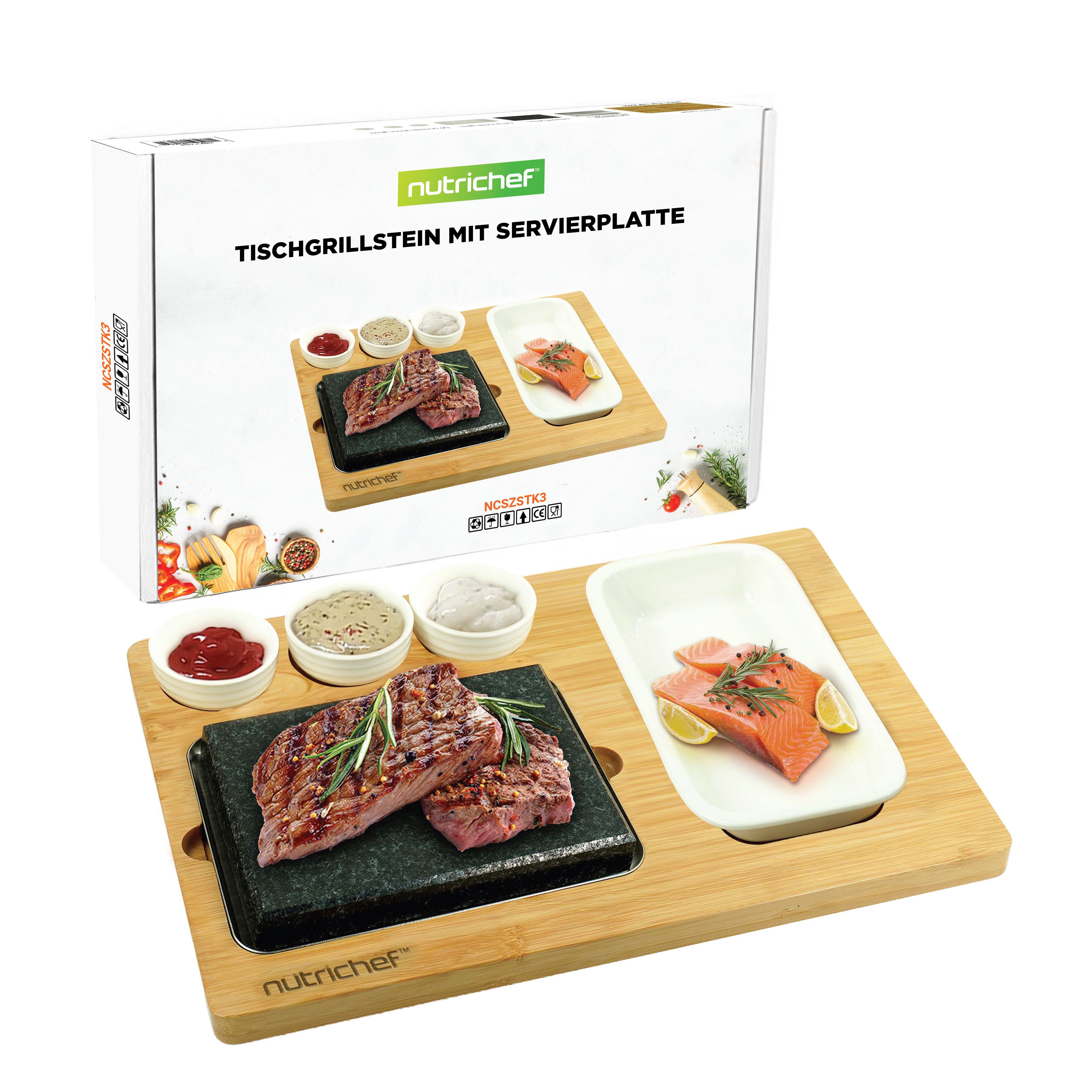 Ein Tischgrillset mit gegrilltem Steak, Lachs und Dips auf einem Holzbrett.