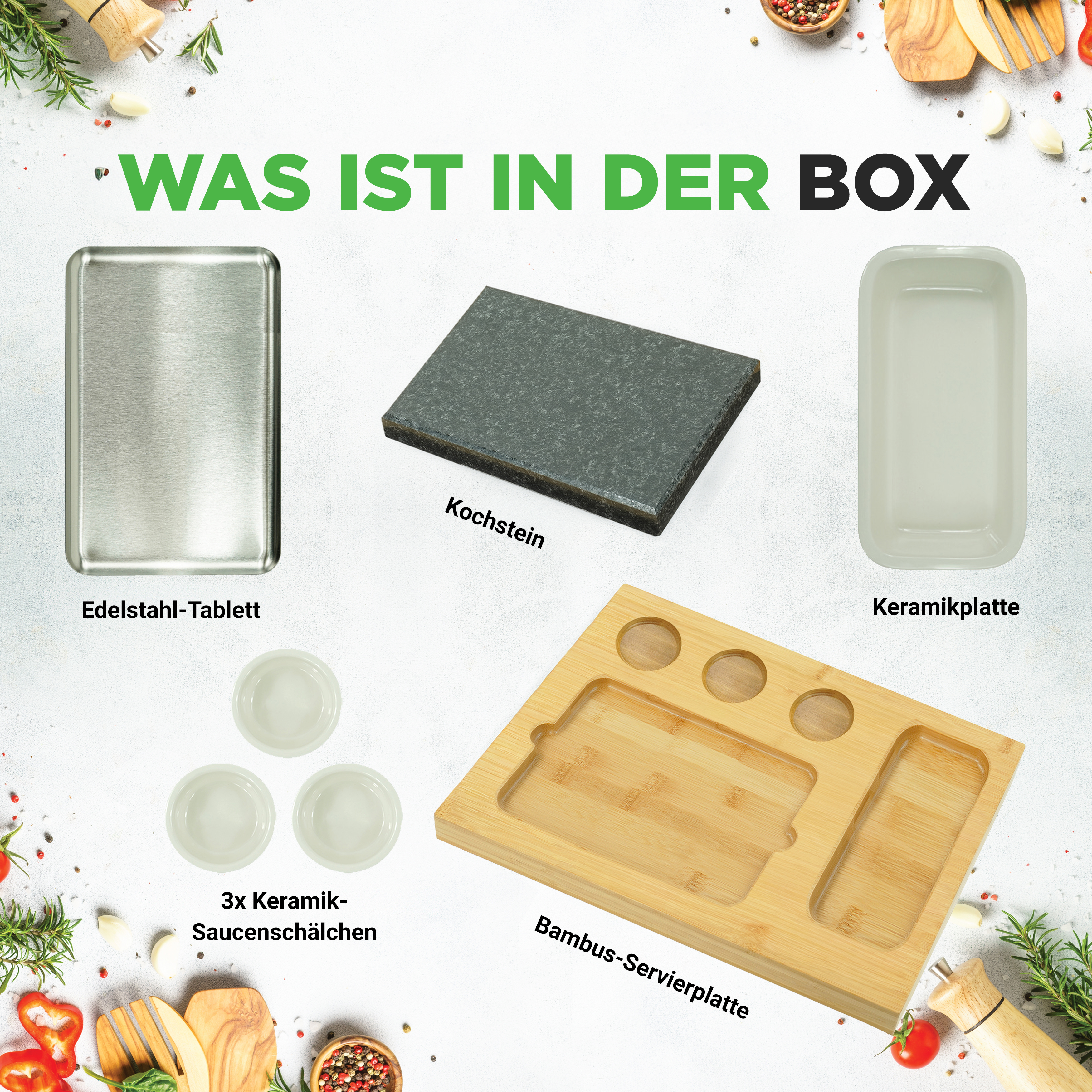 Edelstahl-Tablett, Kochstein, Keramikplatte, 3x Keramik-Saucenschälchen und Bambus-Servierplatte.