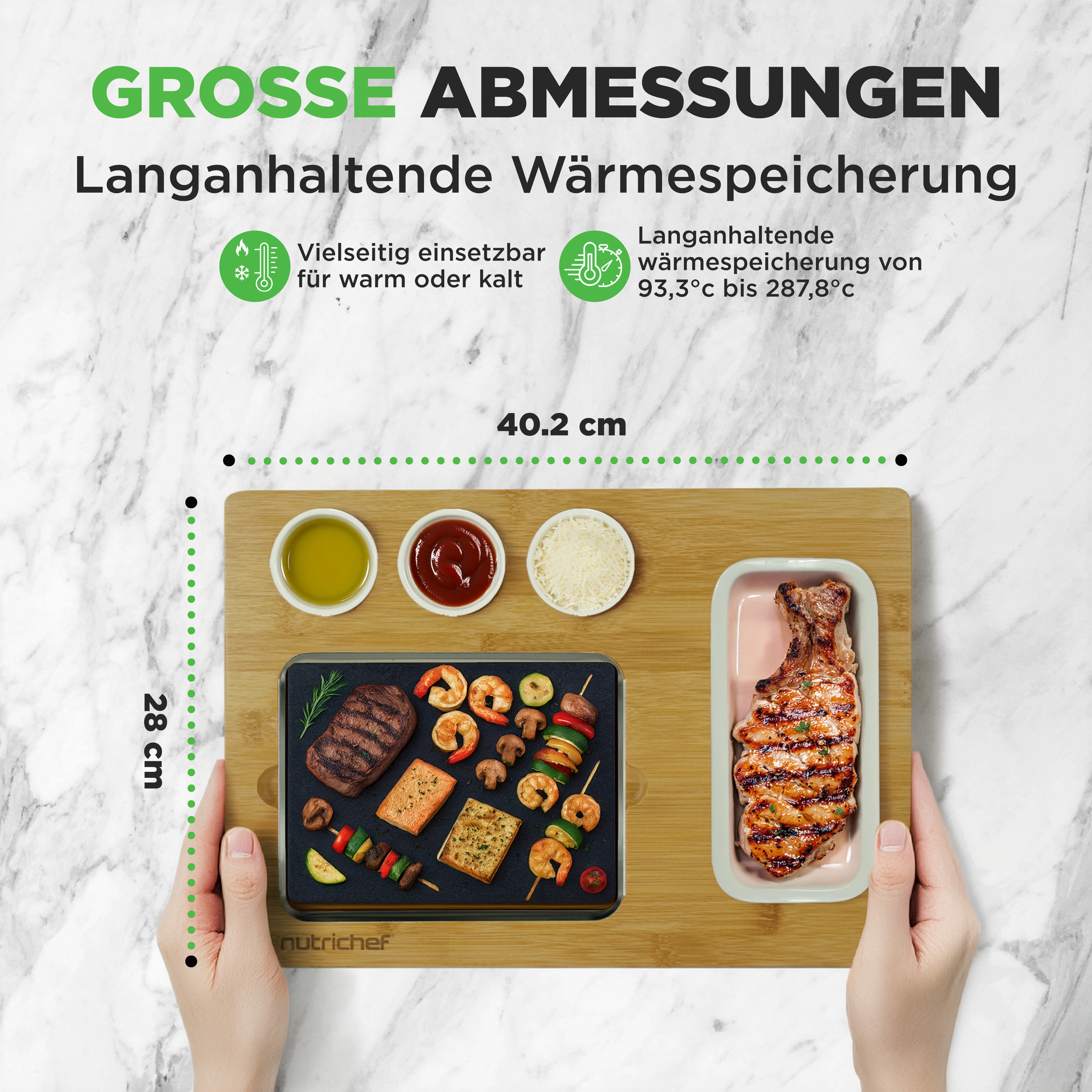 Grillplatte mit Fleisch, Garnelen, Gemüse und Beilagen. Maße: 40,2 x 28 cm.