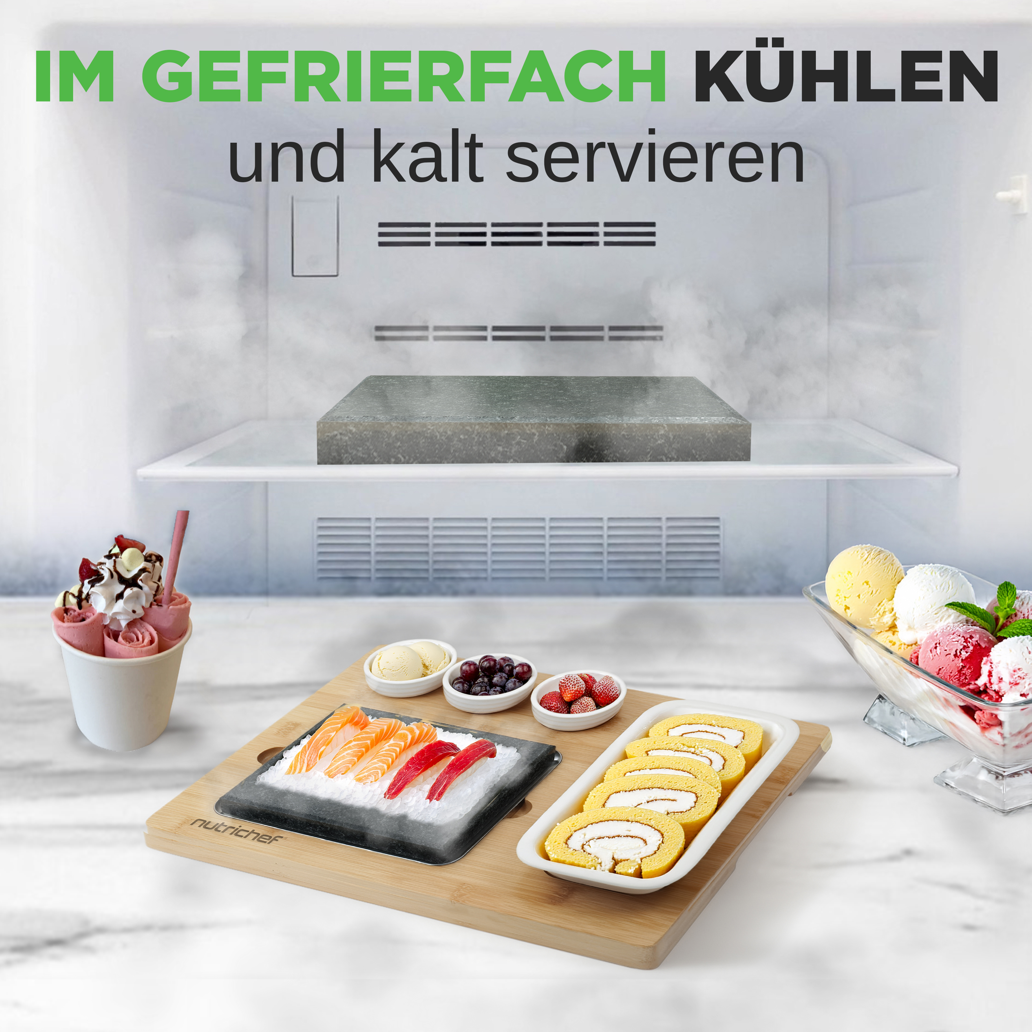 Ein Gefrierschrank mit gefrorenen Speisen wie Eis und Sushi.