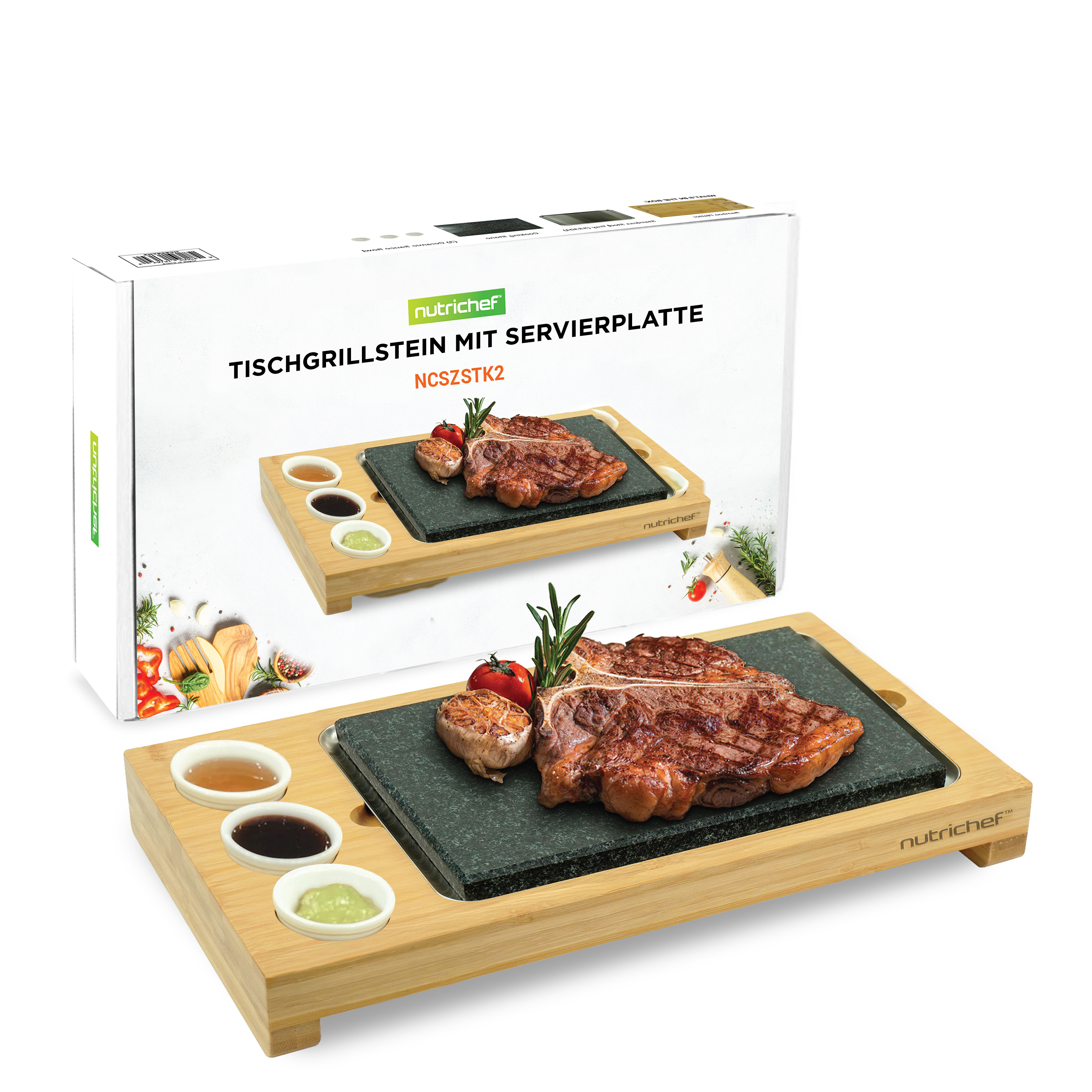 Ein gebratenes T-Bone-Steak auf einem heißen Stein mit Beilagen und Soßen.