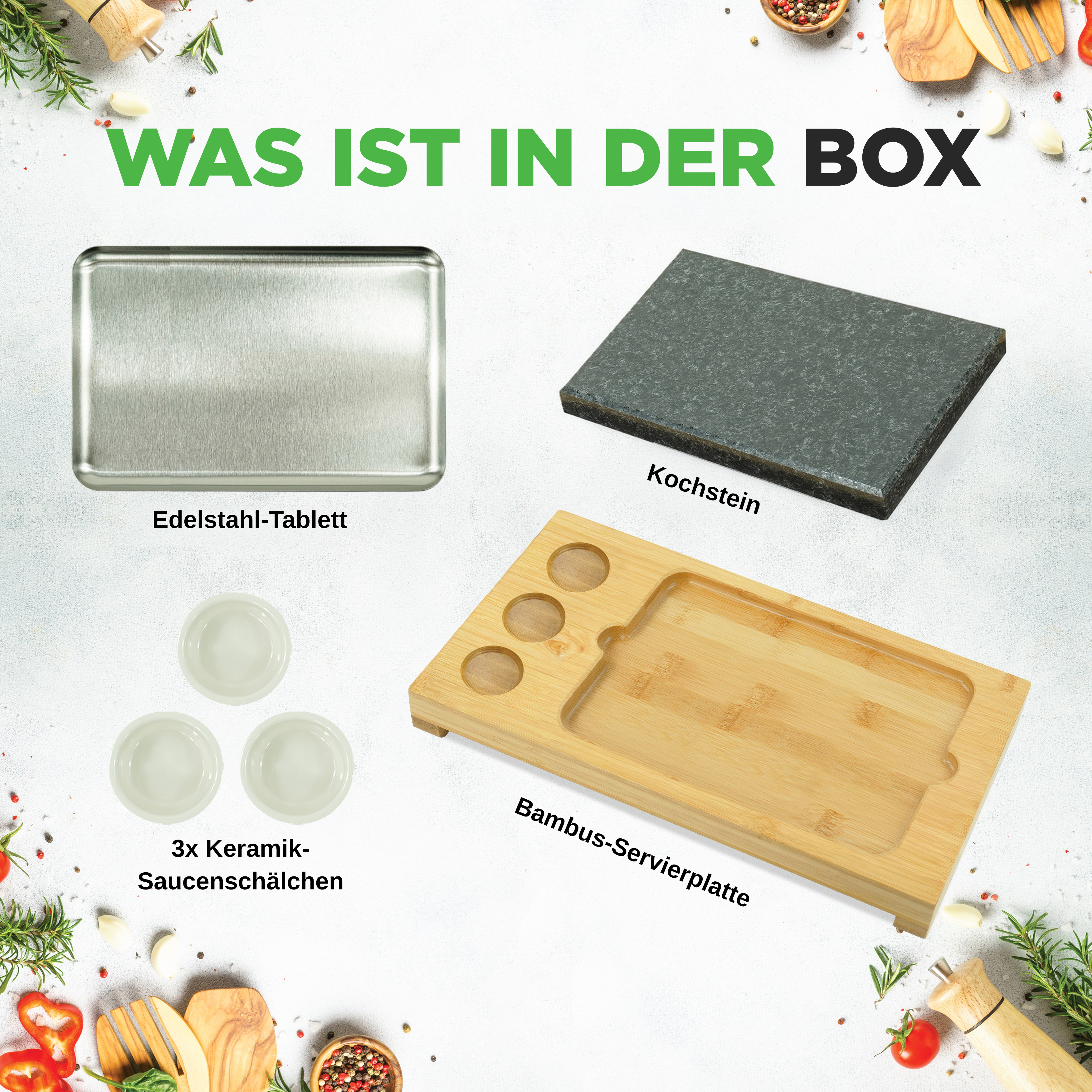 Edelstahl-Tablett, Kochstein, 3x Keramik-Saucenschälchen, Bambus-Servierplatte.