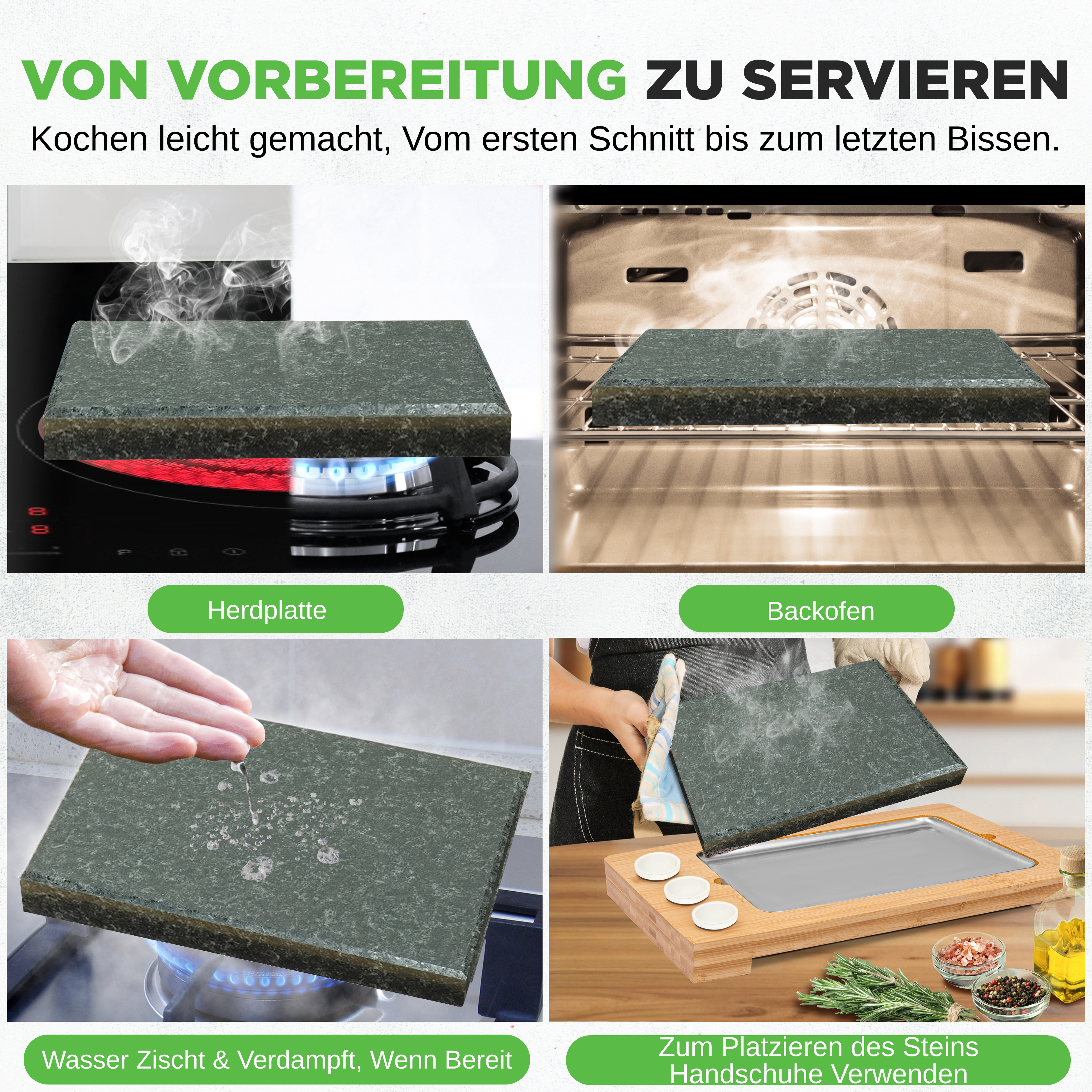 Stein wird auf Herdplatte, im Backofen und beim Servieren gezeigt.