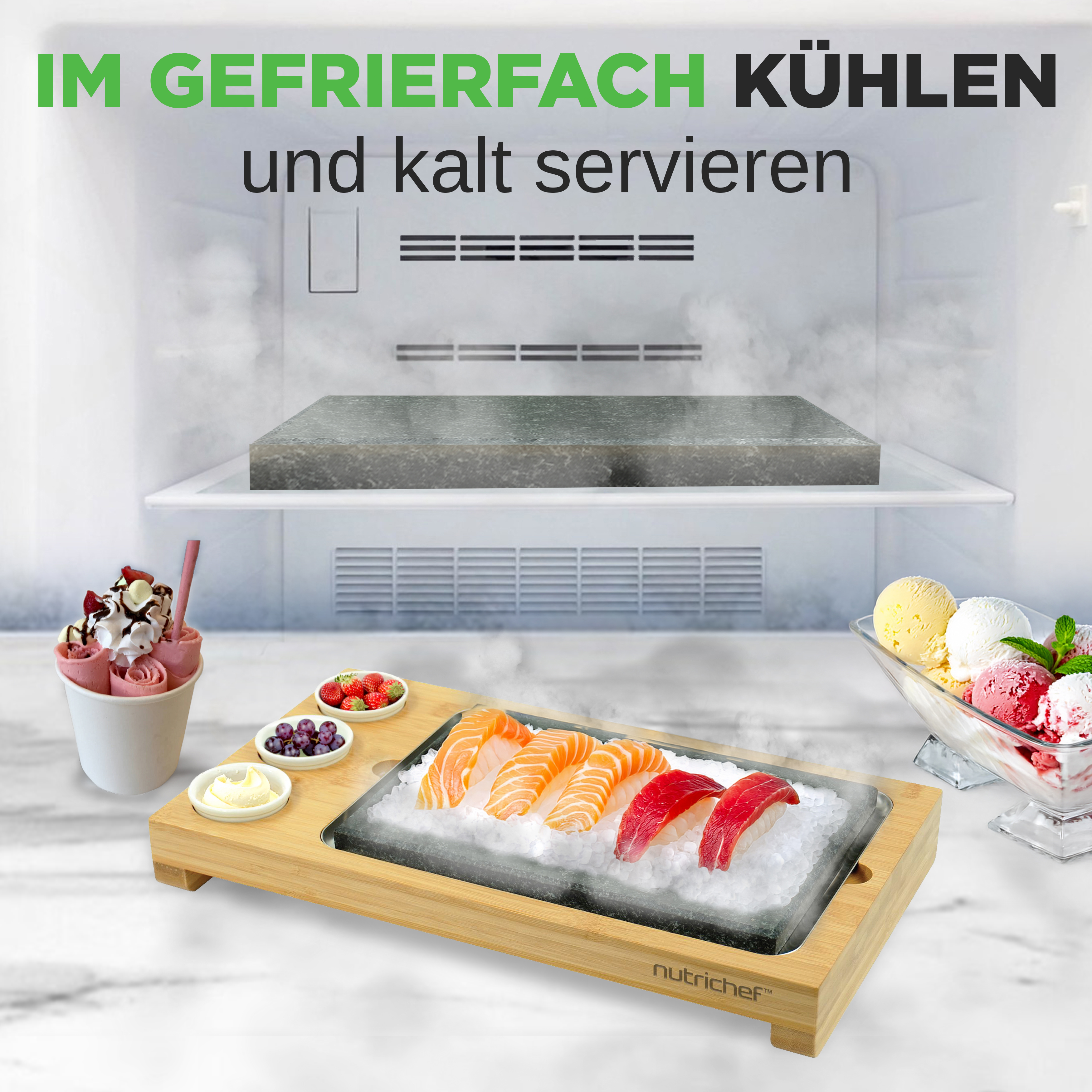 Sushi auf Eis auf einem Bambustablett in einem Gefrierschrank.