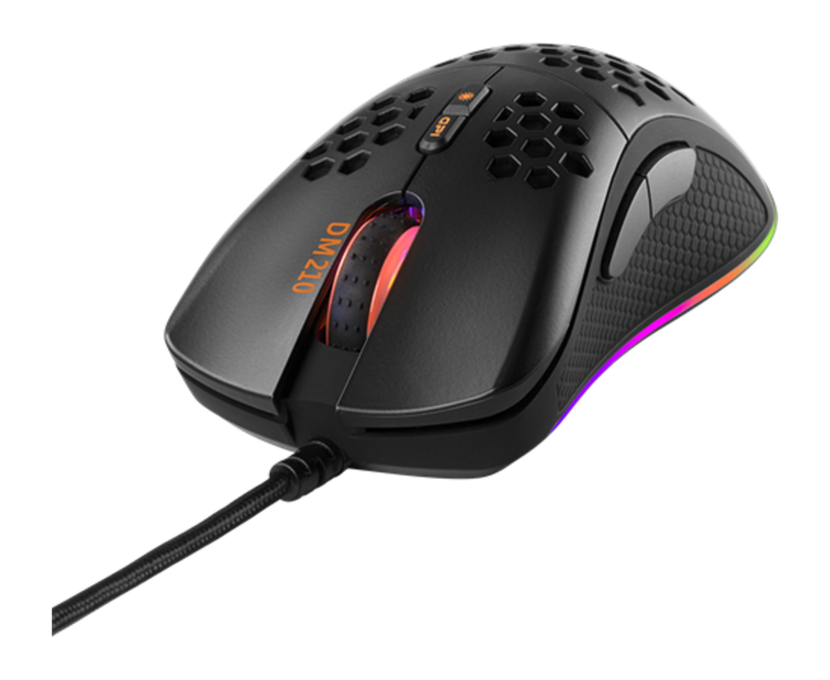 Un ratón gaming negro con patrón de panal y luces RGB.