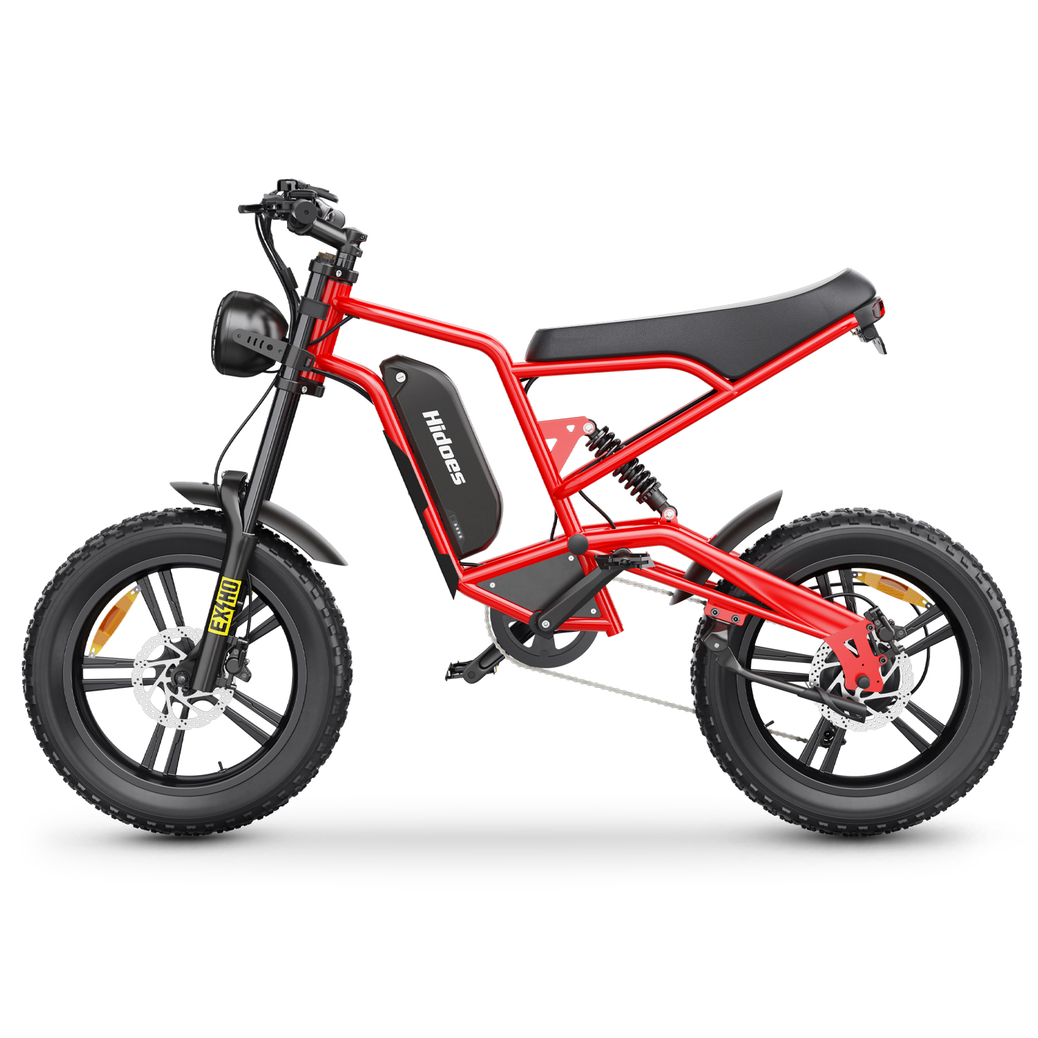 Una bicicletta elettrica rossa con pneumatici, sella e manubrio neri, su sfondo bianco.