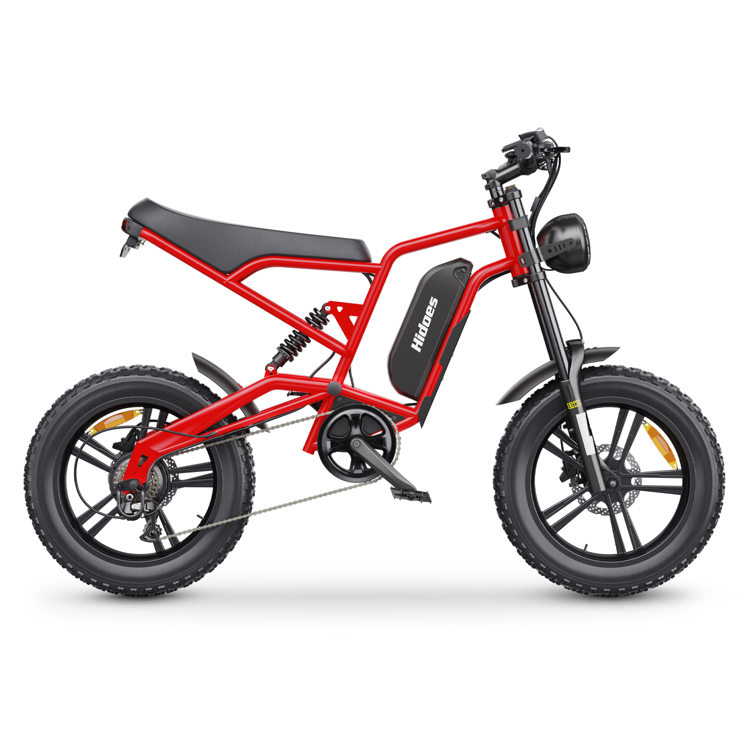Una bicicletta elettrica rossa con pneumatici larghi e sella nera.