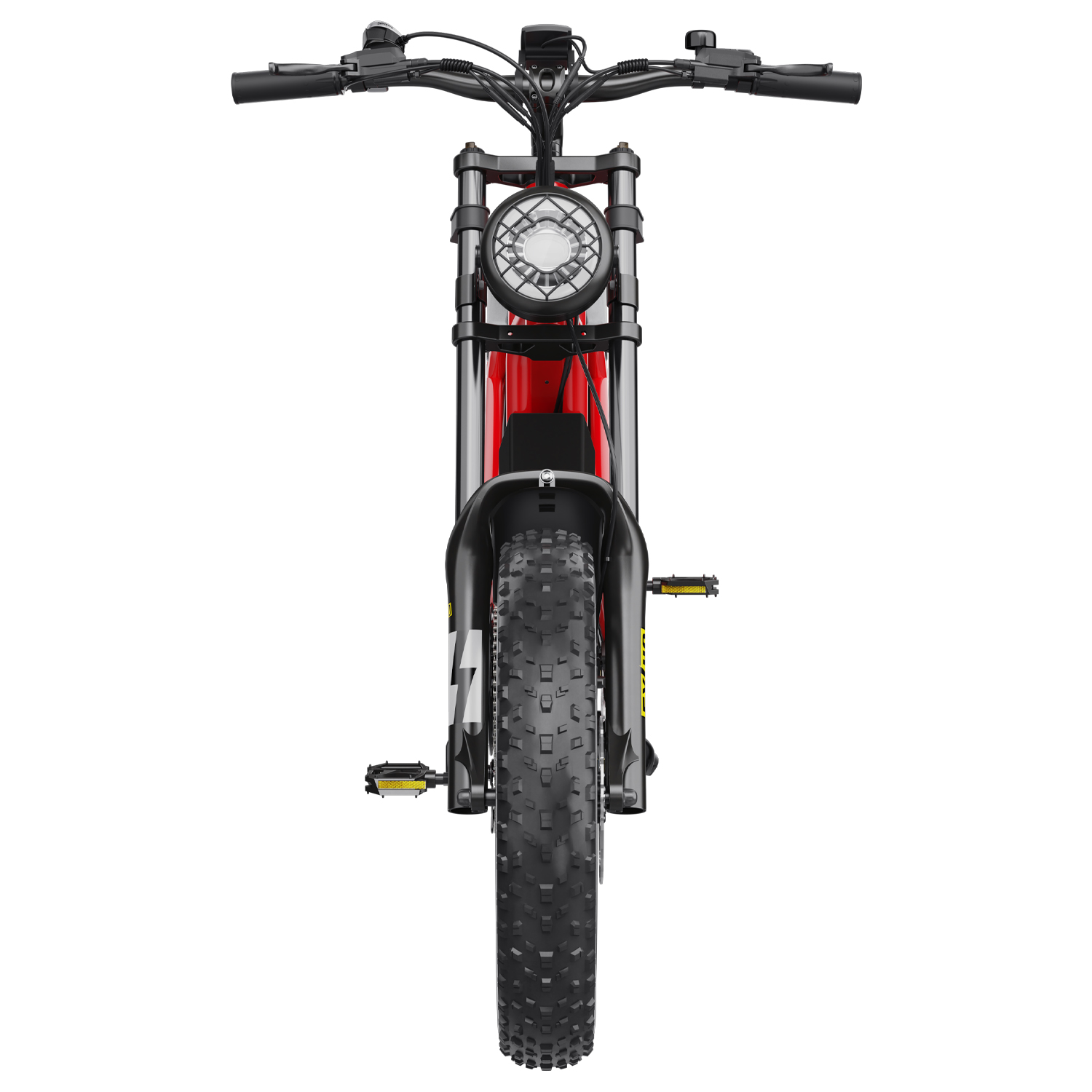Bici elettrica rossa con gomme larghe e faro rotondo, vista frontale.