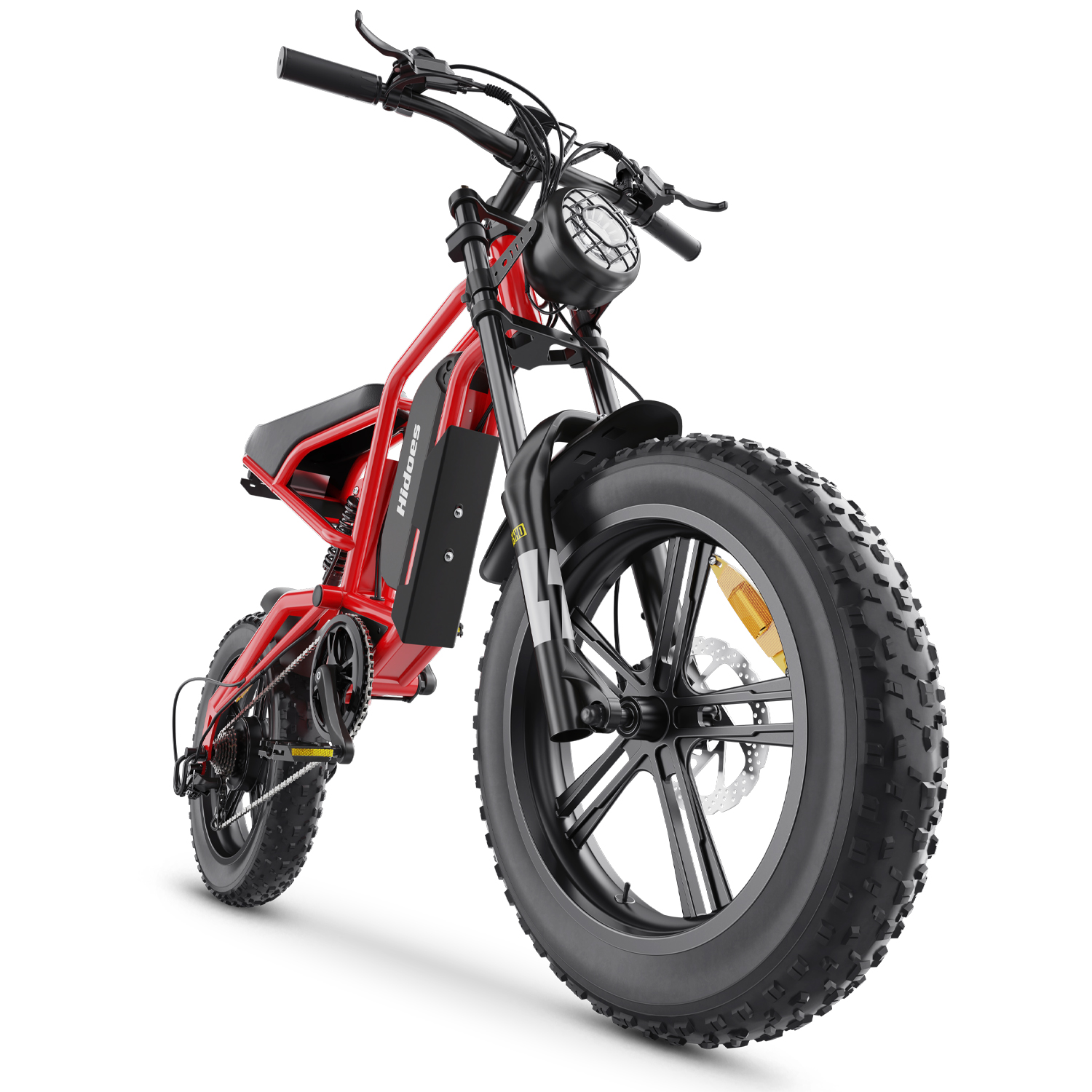 Una e-bike rossa con pneumatici larghi e sella nera su sfondo bianco.