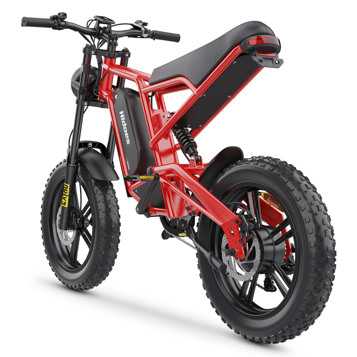Bicicletta elettrica rossa con pneumatici larghi, sella nera e sospensioni.