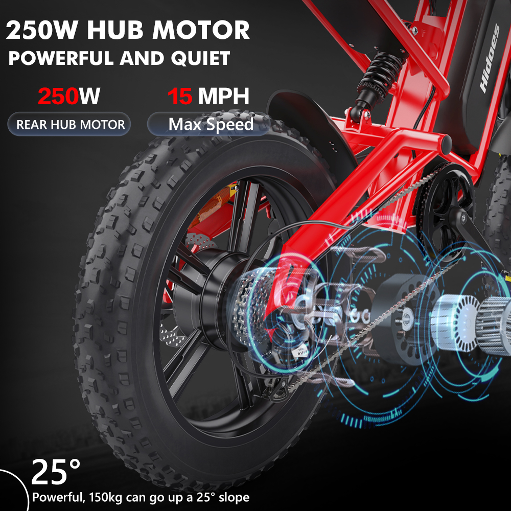 Bici elettrica rossa con motore mozzo posteriore 250W, 15 MPH velocità max, pendenza 25°.