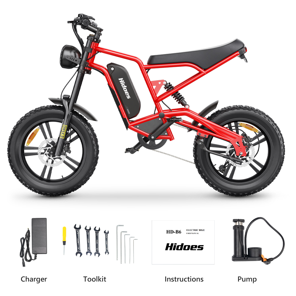 Una bici elettrica rossa con pneumatici neri e accessori: caricatore, attrezzi, istruzioni, pompa.
